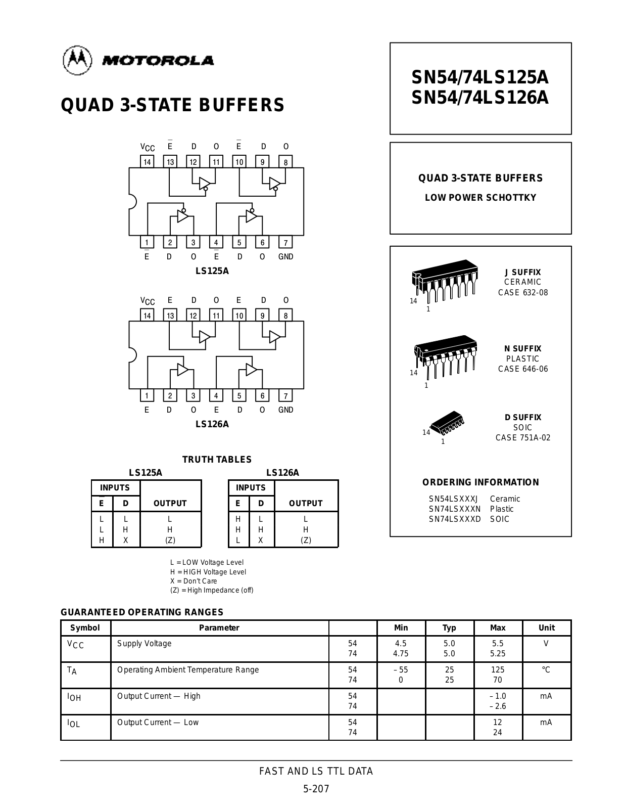 Motorola SN54LS125AJ, SN54LS126AJ, SN74LS126AN, SN74LS125AN, SN74LS126AD Datasheet