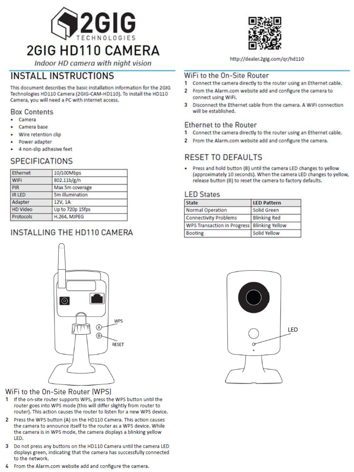 Nortek Security and Control 2GIG CAMHD110 User Manual