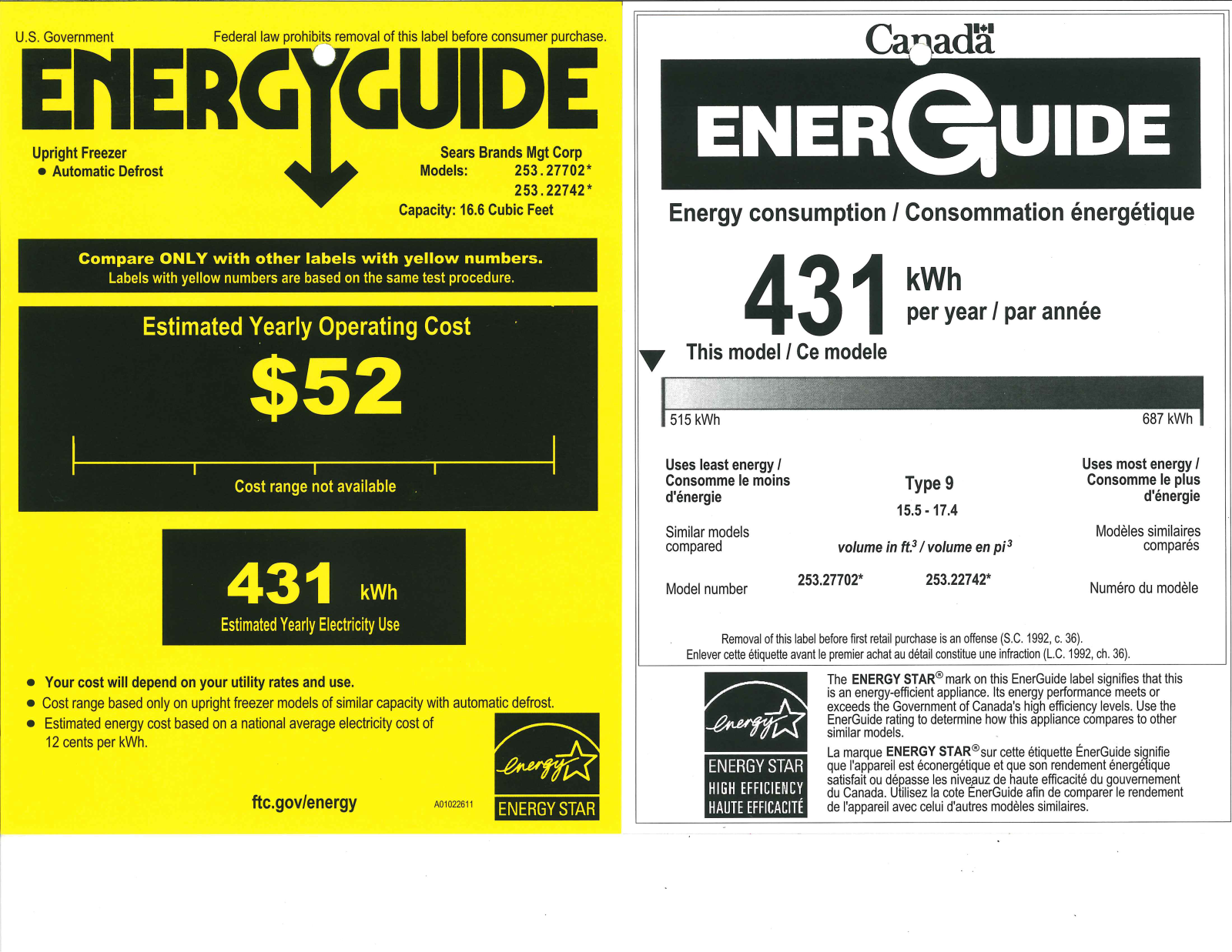 Kenmore Elite 17 cu. ft. Upright Freezer Energy Guide