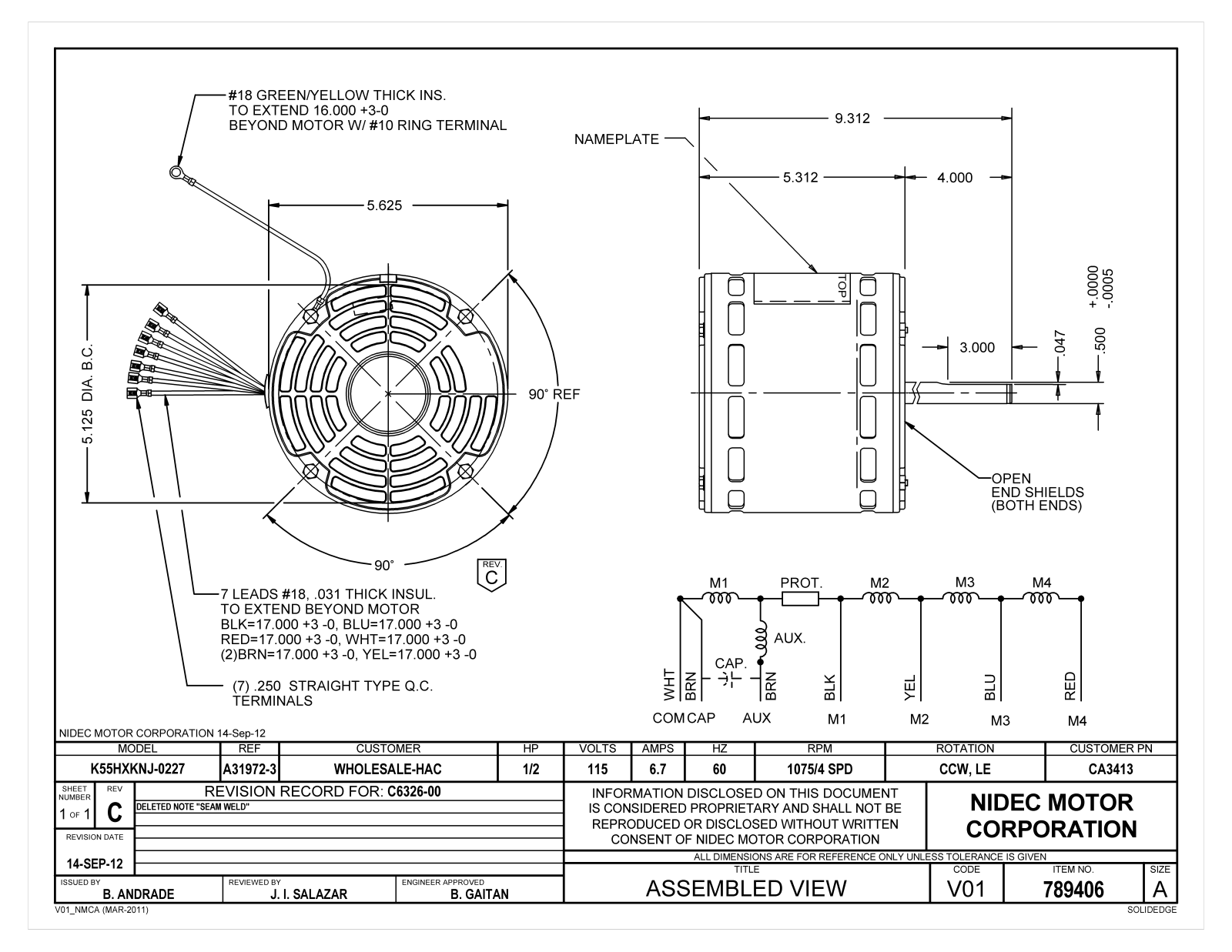 US Motors CA3413 Dimensional Sheet