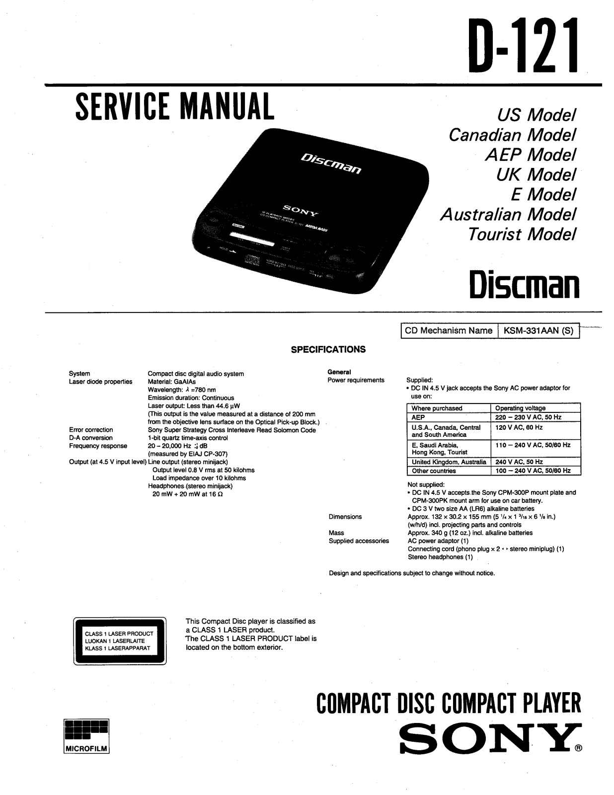SONY D 121 Service Manual