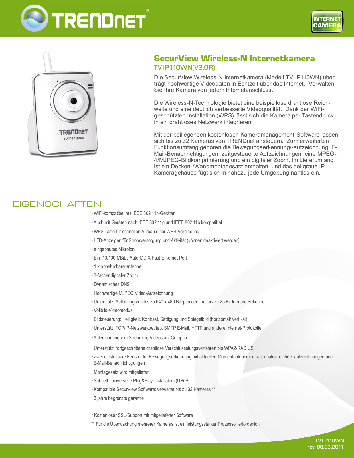 Trendnet TV-IP110WN Datasheet