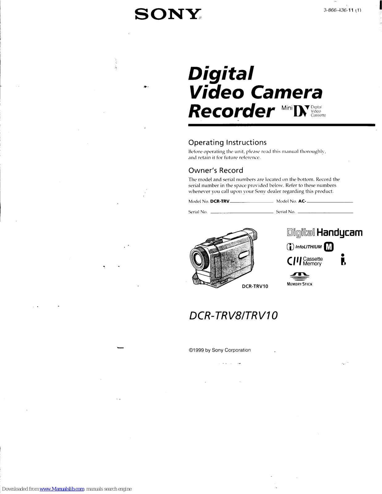 Sony Digital Handycam DCR-TRV10, Digital Handycam DCR-TRV8 Operating Instructions Manual