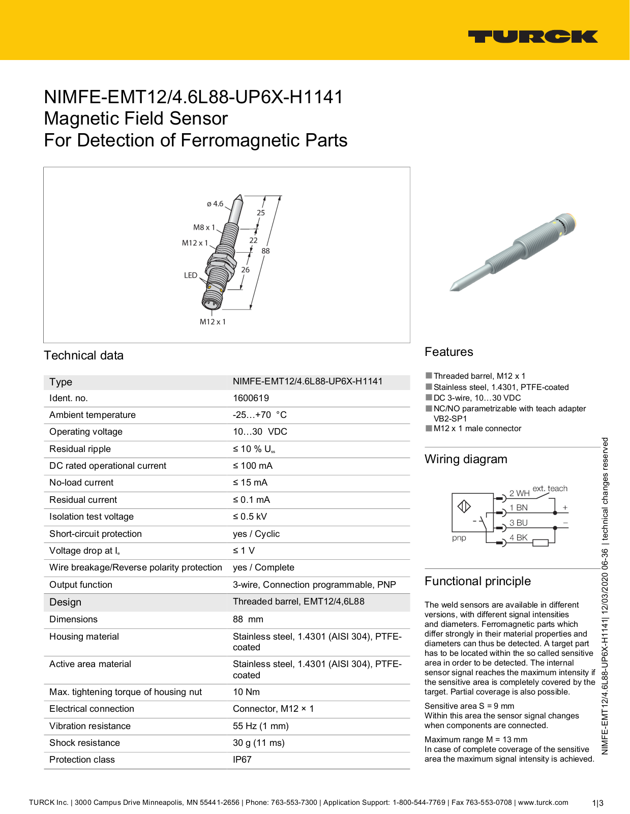 TURCK NIMFE-EMT12/4.6L88-UP6X-H1141 Technical data