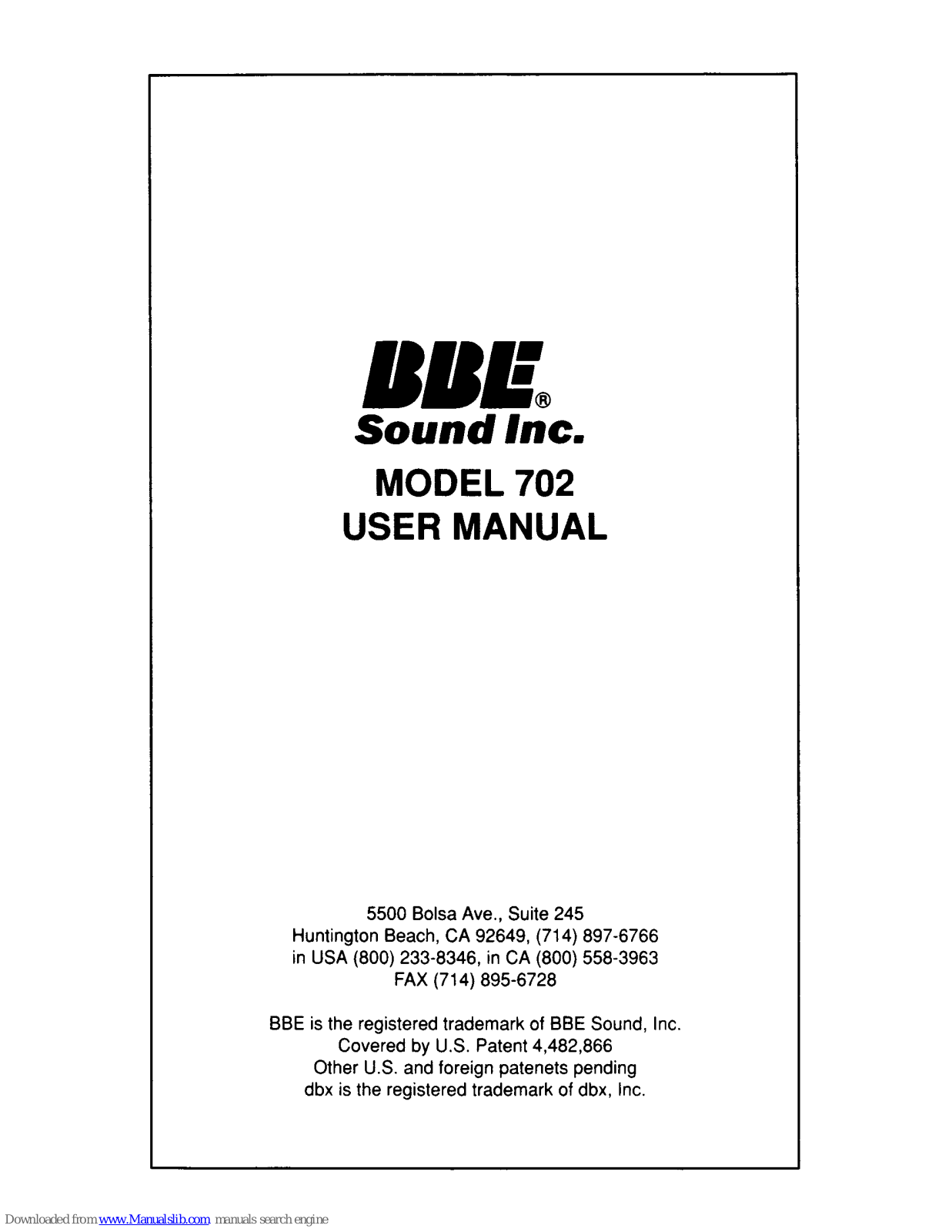 BBE Sound Sonic Maximizer BBE 702, 702 User Manual