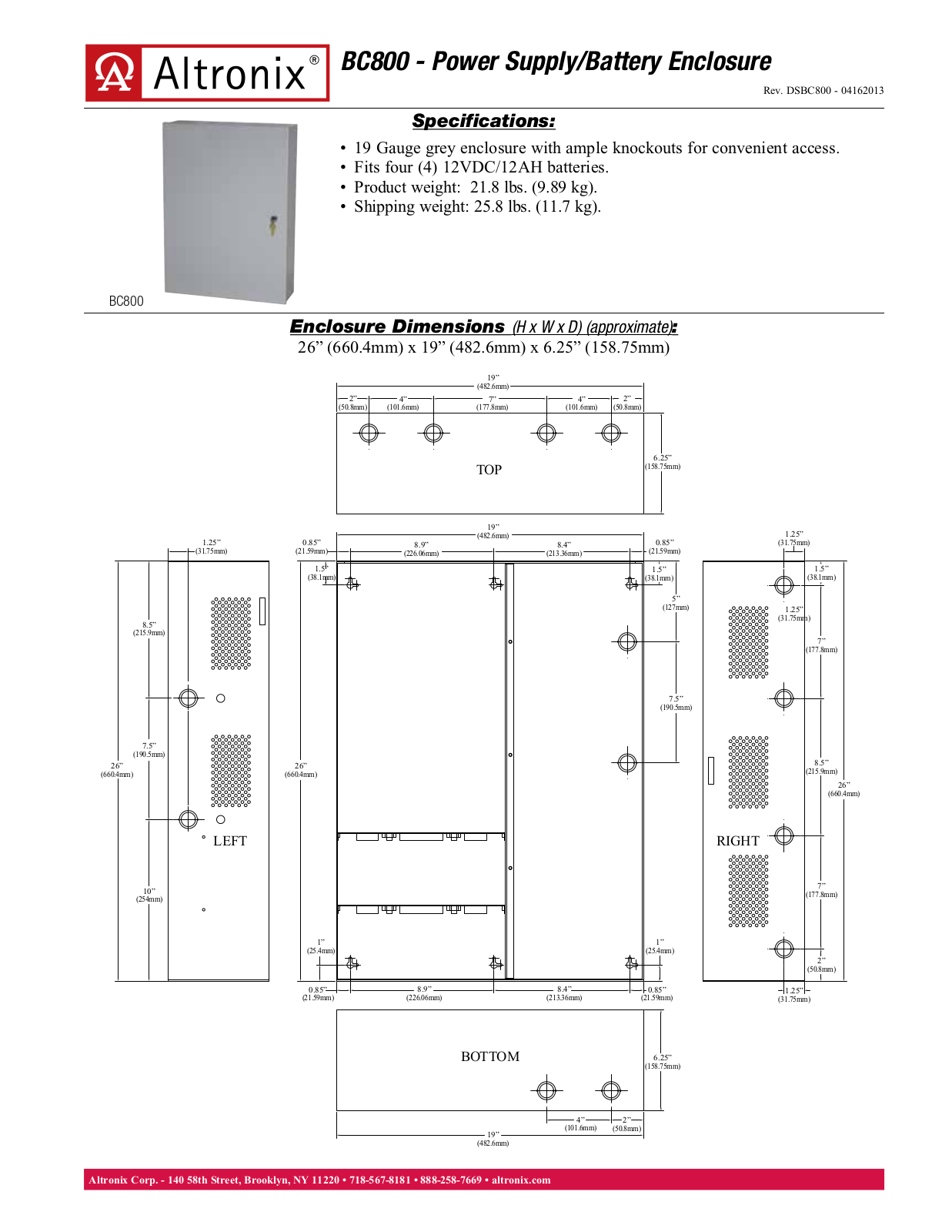 Altronix BC800 Specsheet