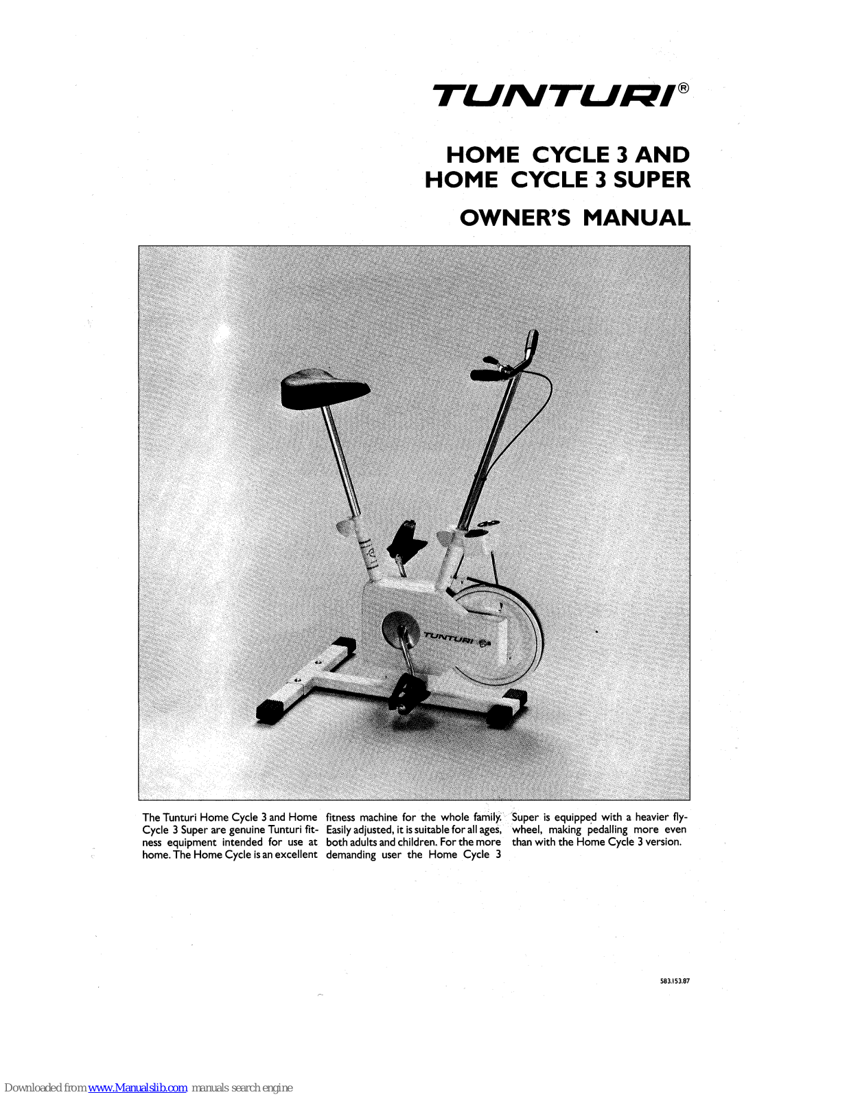 Tunturi 3, Home Cycle 3, Home Cycle 3 Super Owner's Manual