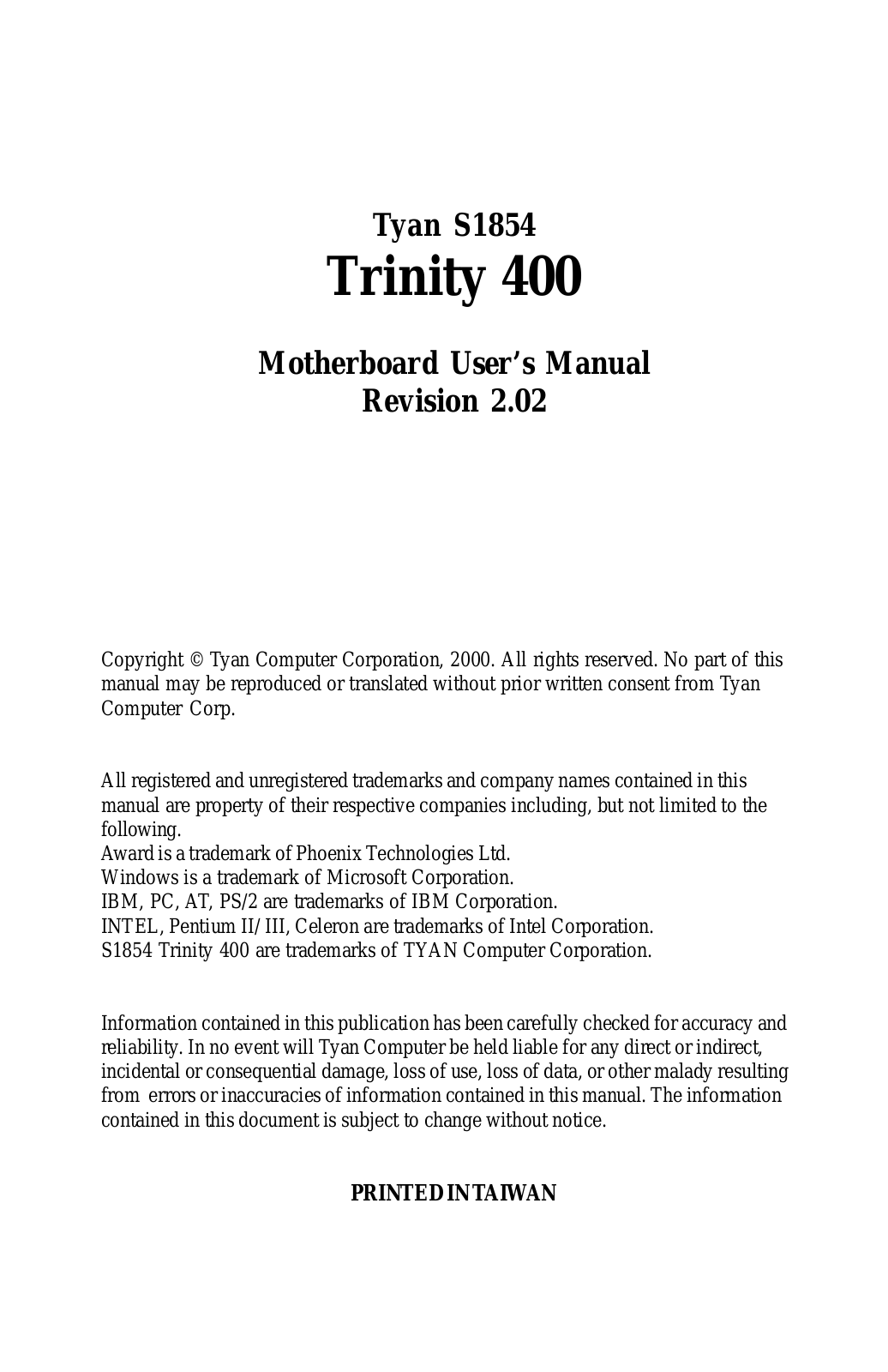 Tyan TRINITY 400 User Manual