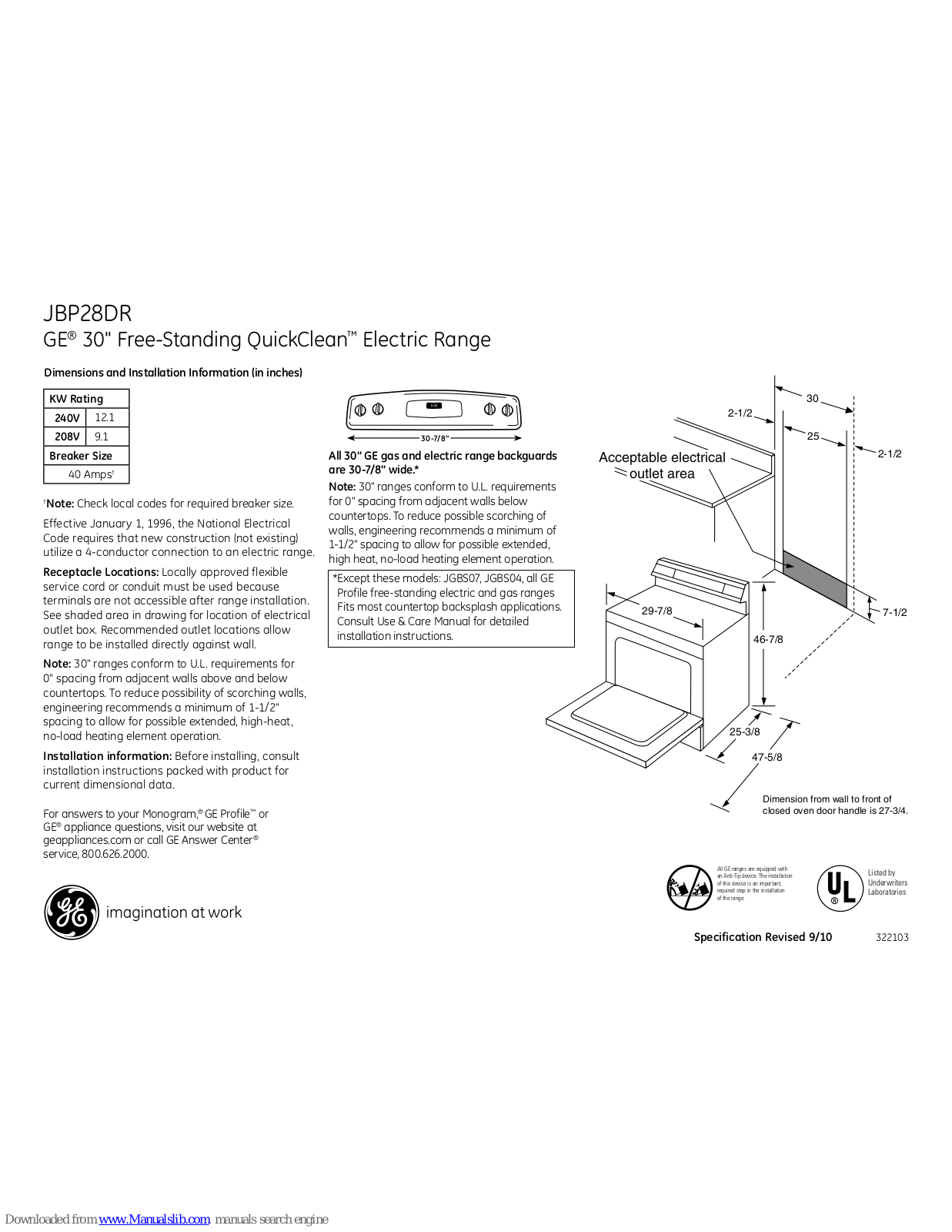 GE JBP28DR, JBP28DRWW, JBP28DRCC, JBP28DRBB Dimensions And Installation Information