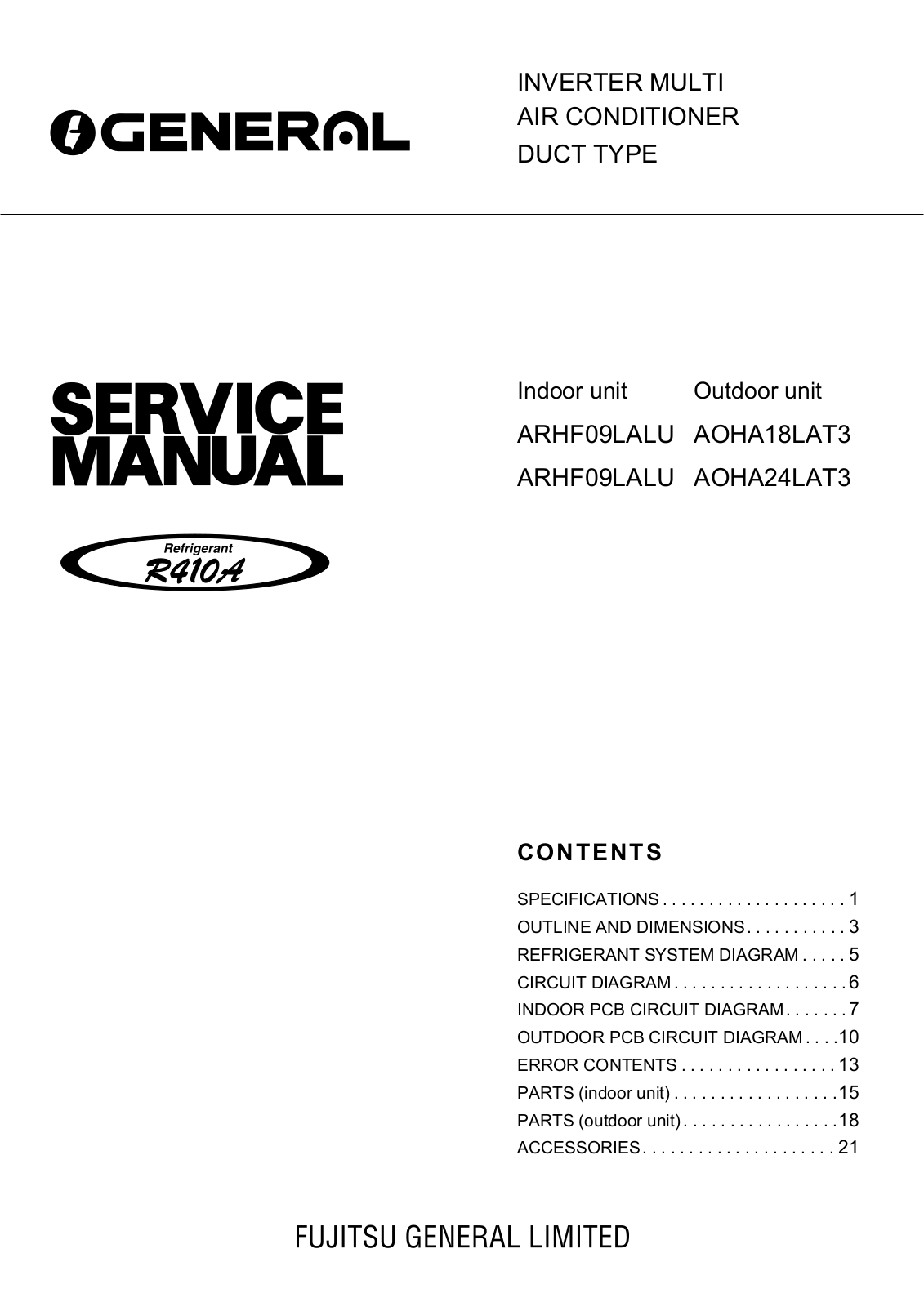 General AOH18LM, ASHF9LALU, AOH18LMAK2, AOH24LM, AOH24LMAK2 Service Manual