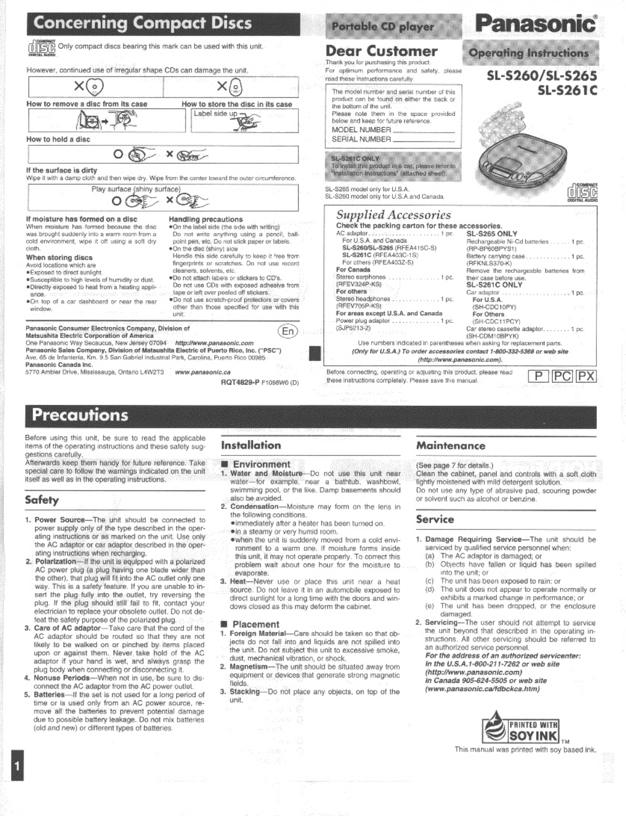 Panasonic SL-S261C, SL-S265, SL-S260 User Manual