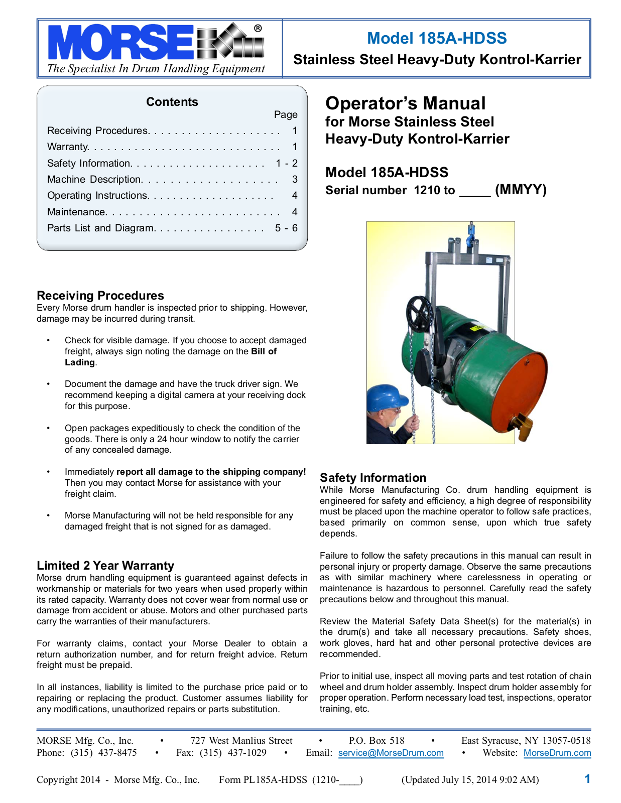 Morse 185A-HDSS User Manual