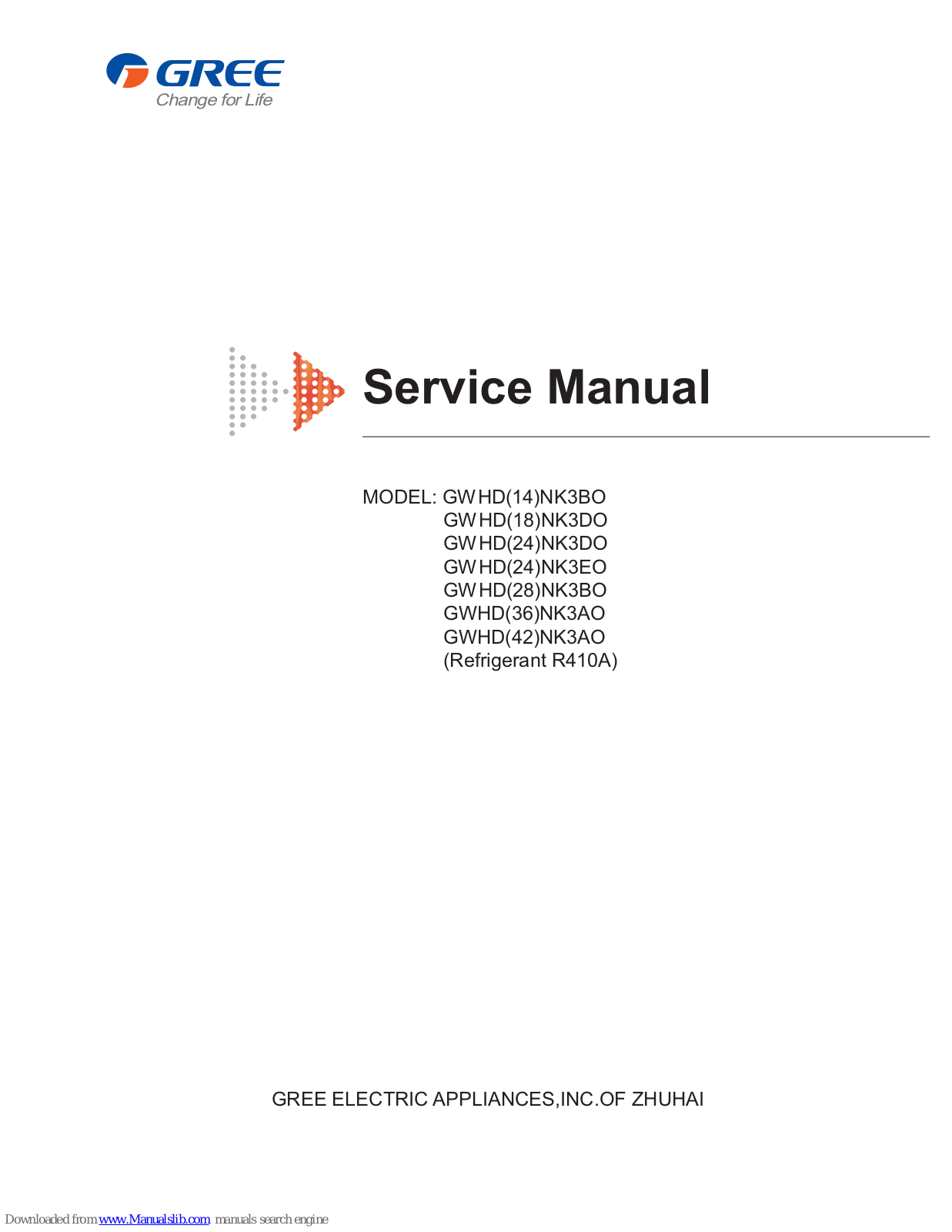 Gree GWHD14NK3BO, GWHDNK3BO, GWHDNK3DO, GWHD24NK3EO, GWHD24NK3DO Service Manual