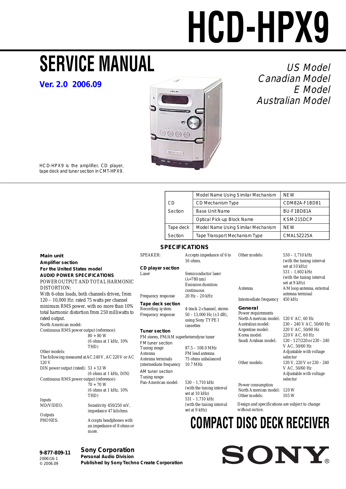 Sony HCD-HPX9 Service Manual