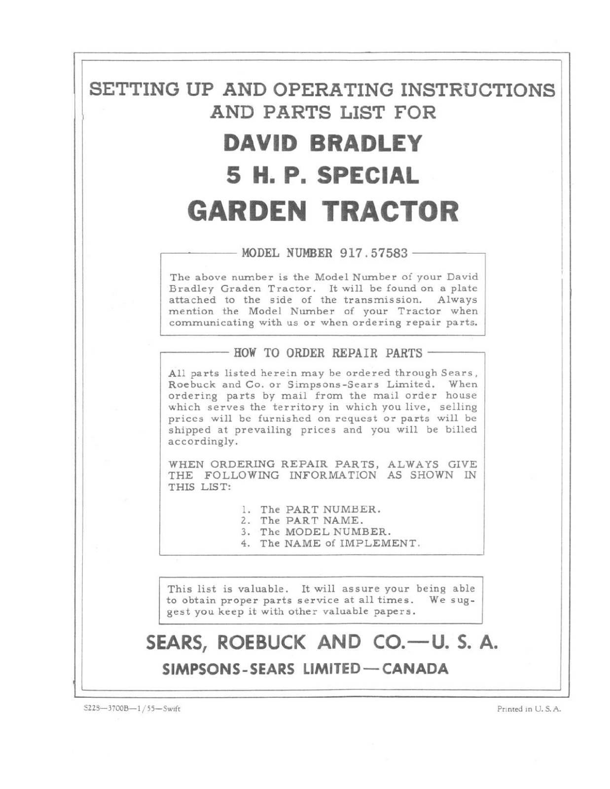 David Bradley 917.57583 Operating Instruction