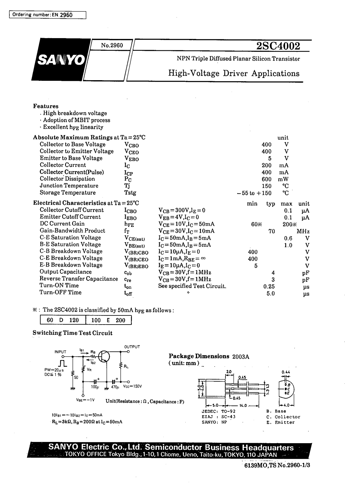 SANYO 2SC4002 Datasheet