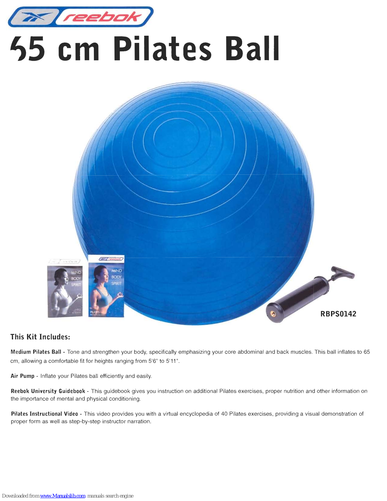 Reebok 65cm, 65cm PILATES BALL User Manual