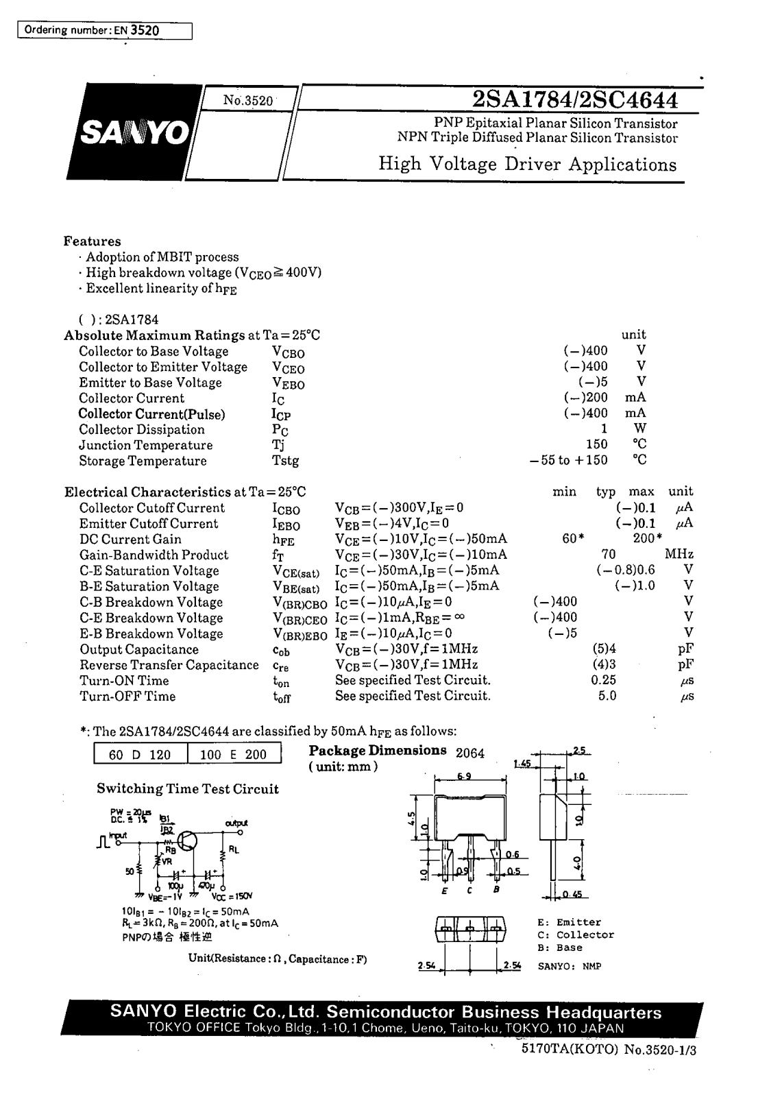 SANYO 2SC4644, 2SA1784 Datasheet