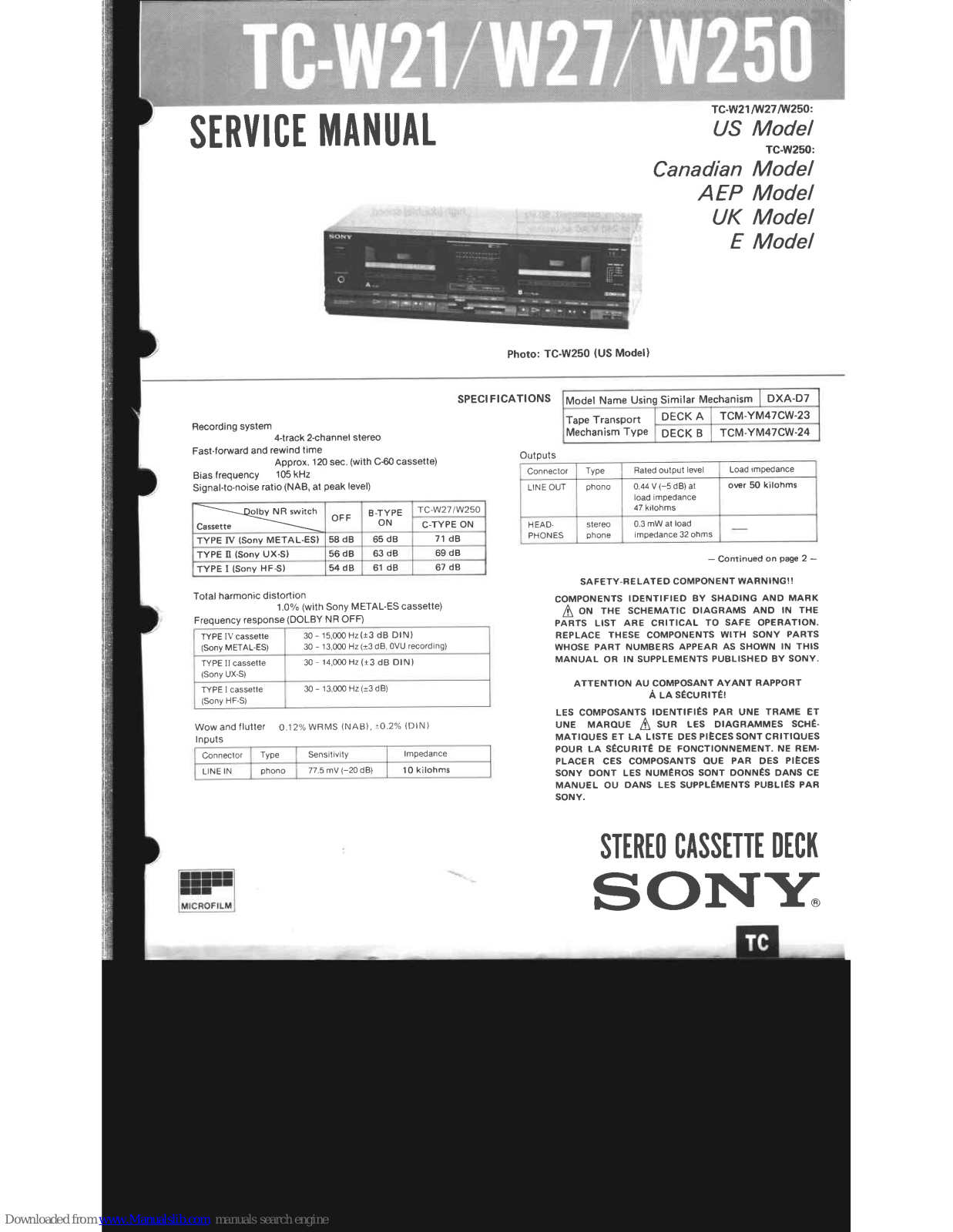 Sony TC-W21, TC-W27, TC-W250 Service Manual