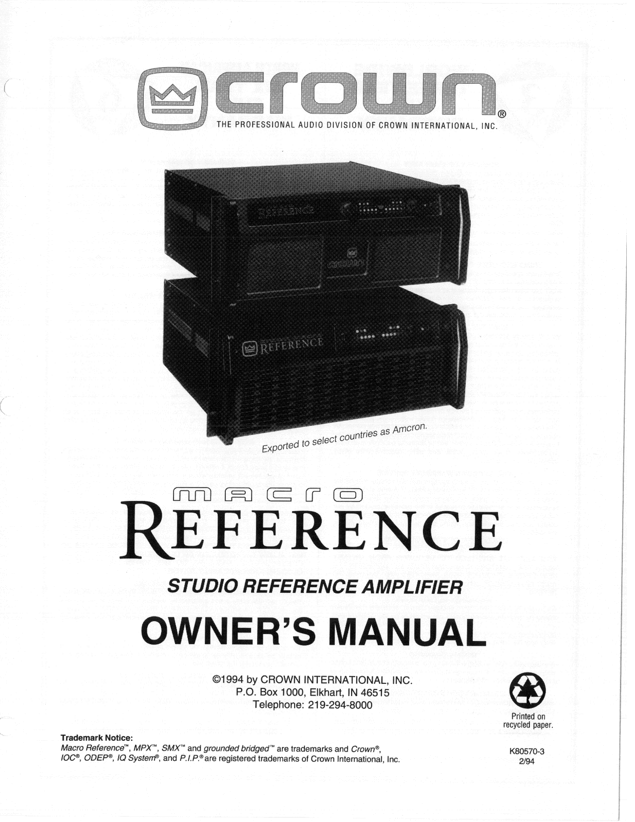 Crown Macro Reference, SR-1, Studio Reference Owners manual