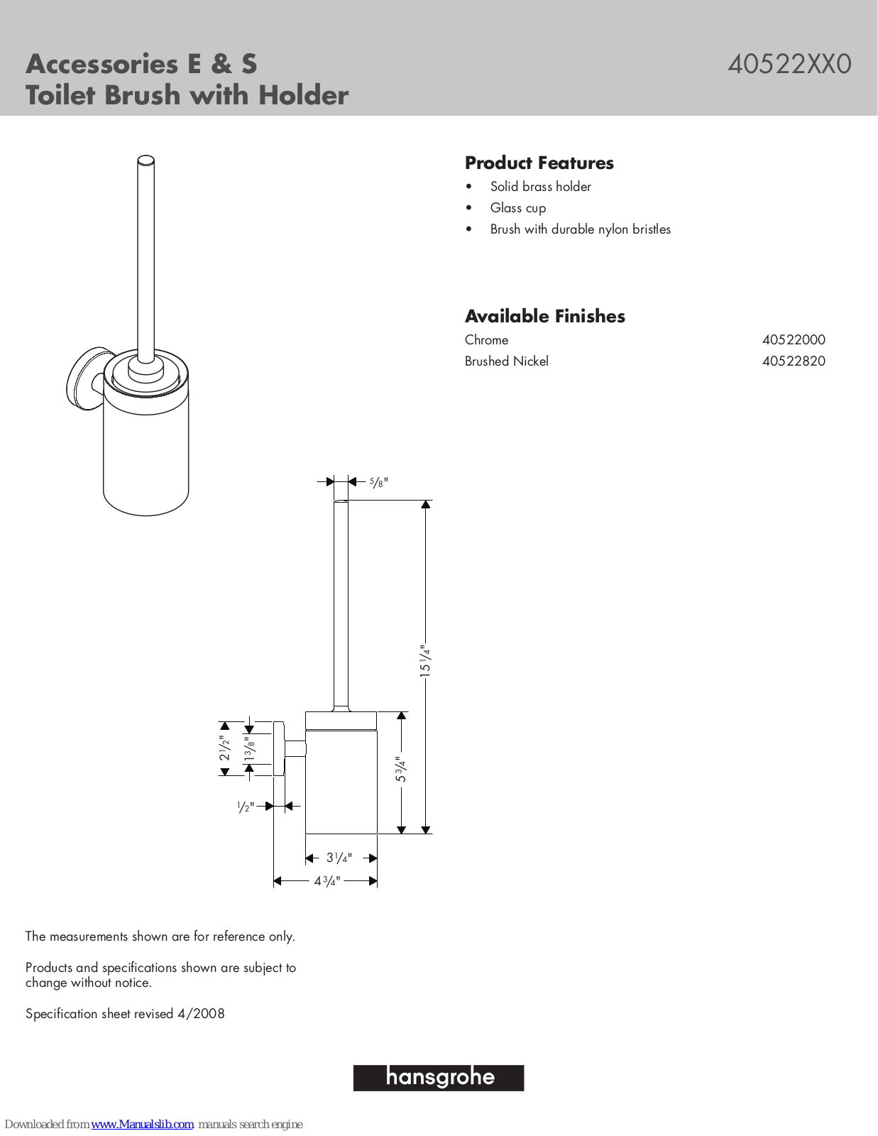 Grohe 40522000, 40522820 Specification Sheet - ManualMachine.com