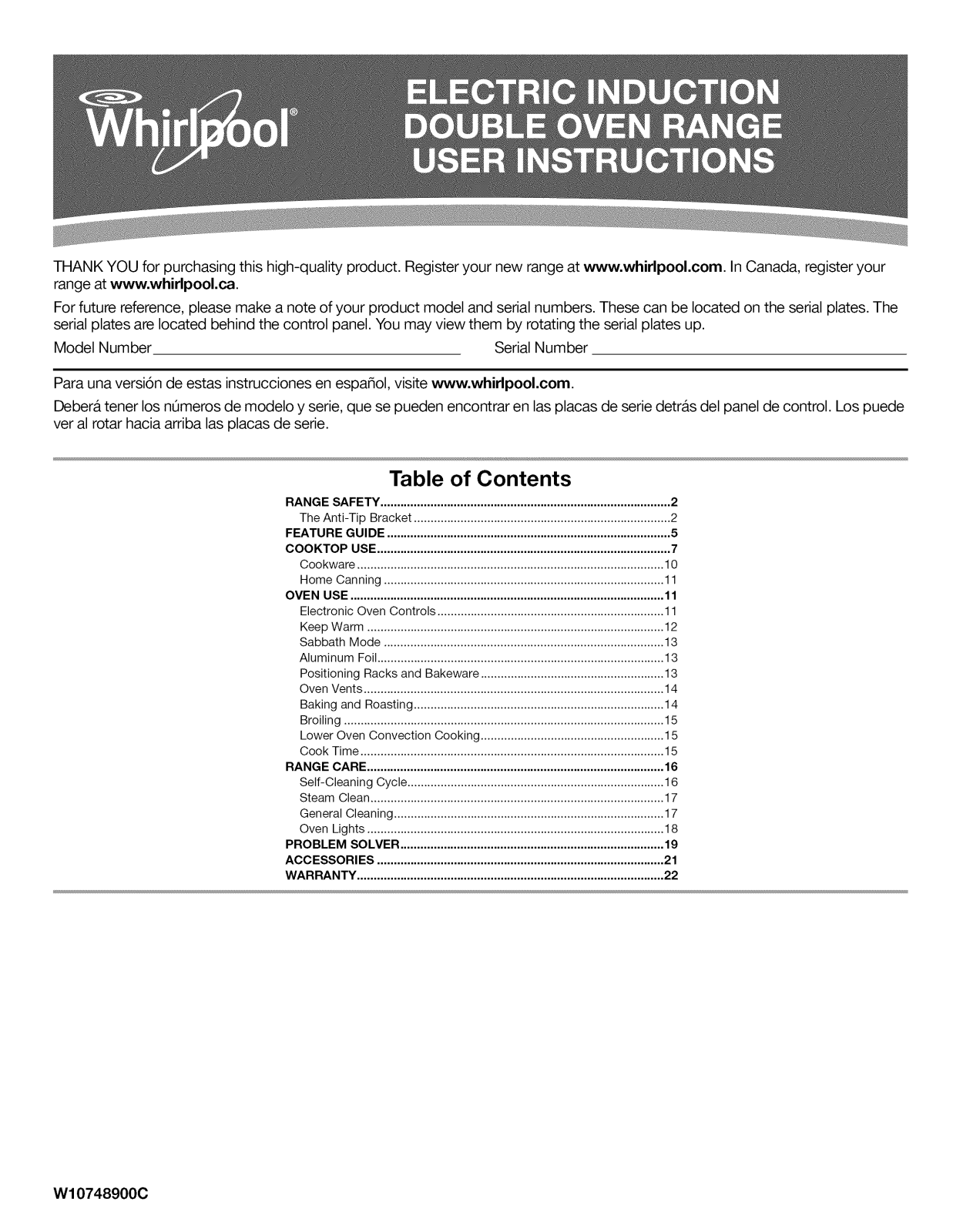 Whirlpool YWGI925C0BS2, YWGI925C0BS1, WGI925C0BS01 Owner’s Manual