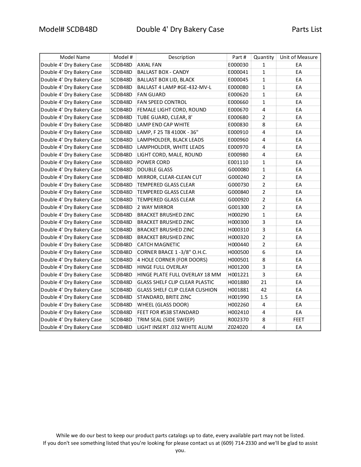 RPI Industries SCDB48D Parts List