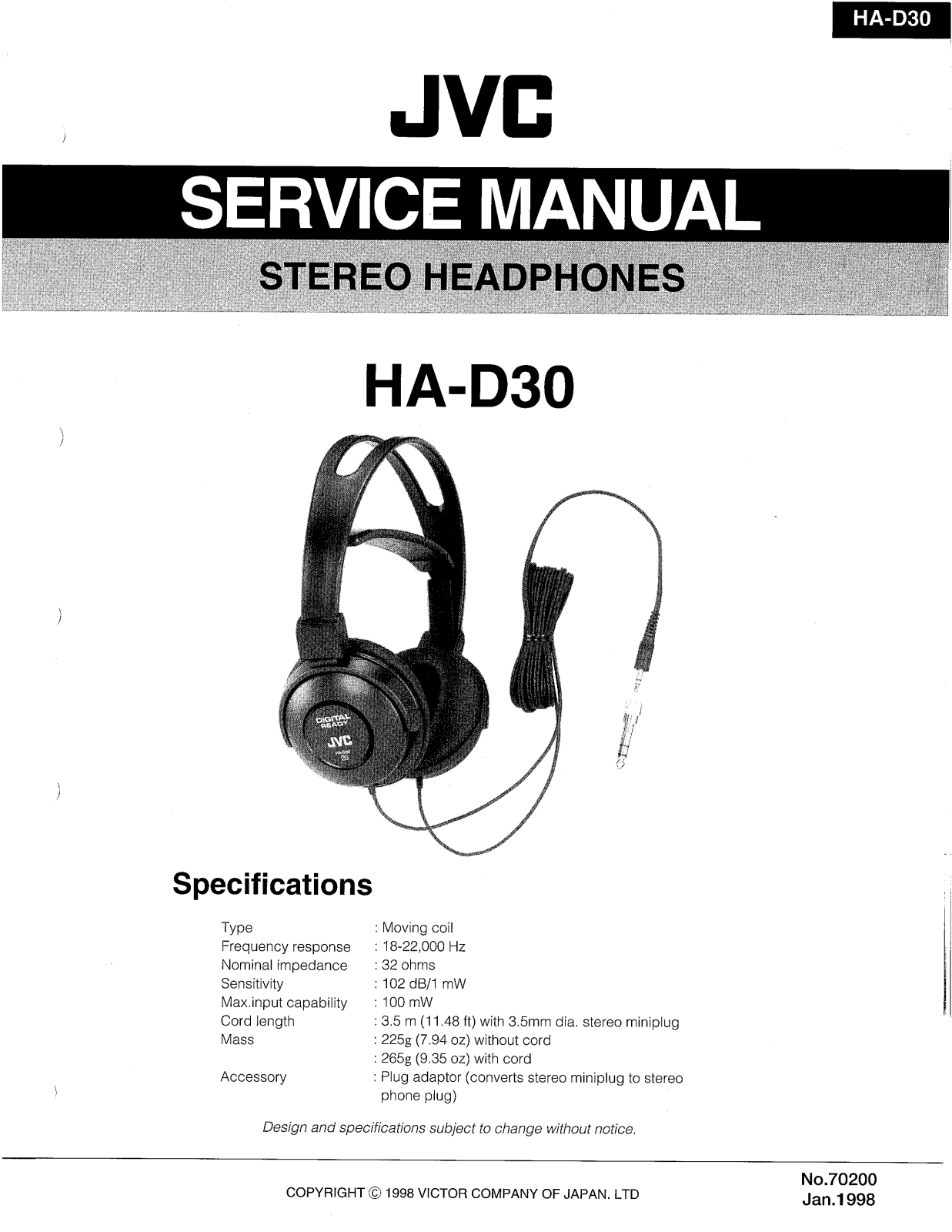 JVC HA-D30(E), HA-D30(J), HA-D30(K) Service Manual