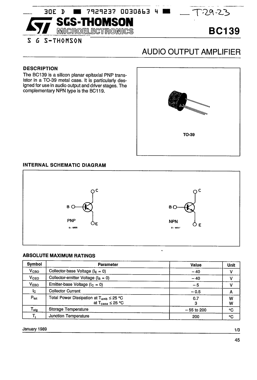 SGS Thomson Microelectronics BC139 Datasheet