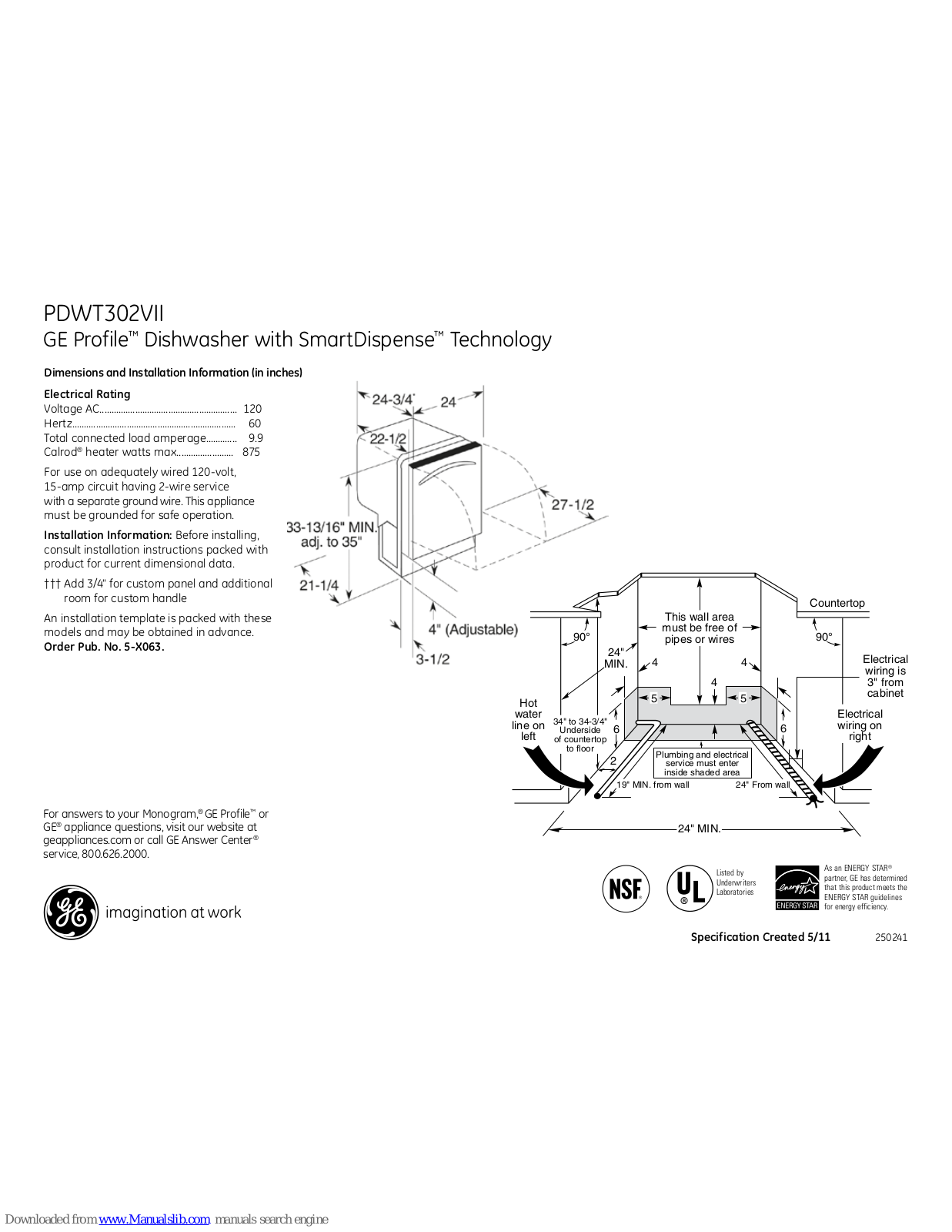 GE Profile PDWT302VII Dimensions And Installation Information