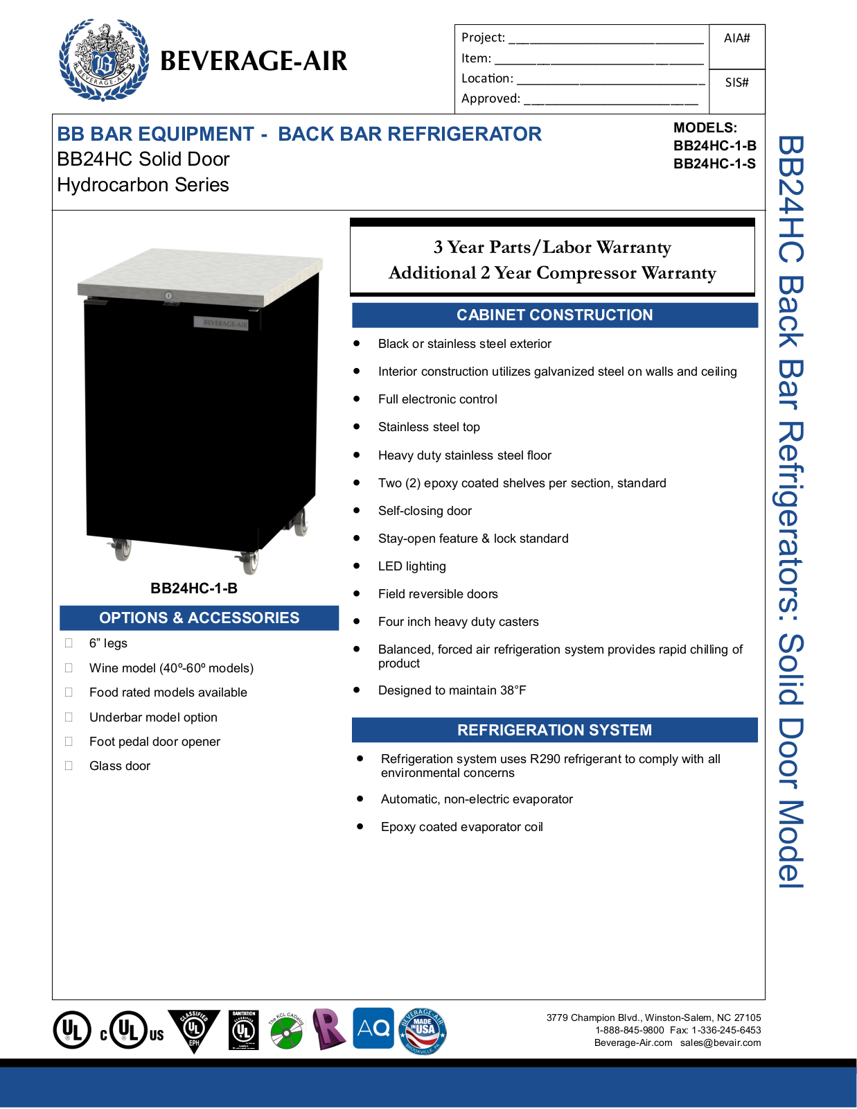 Beverage-Air BB24HC1FB, BB24HC1B, BB24HC1S, BB24HC1FS Specifications