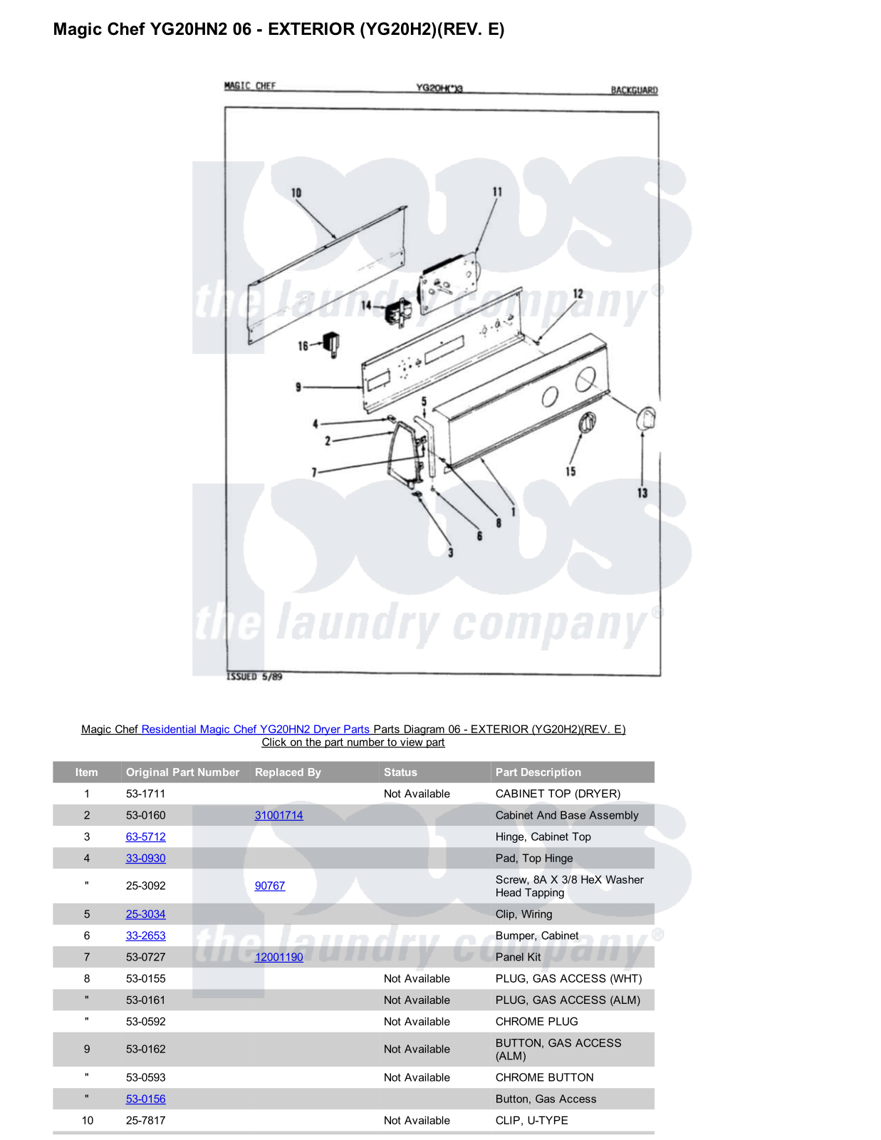 Magic Chef YG20HN2 Parts Diagram