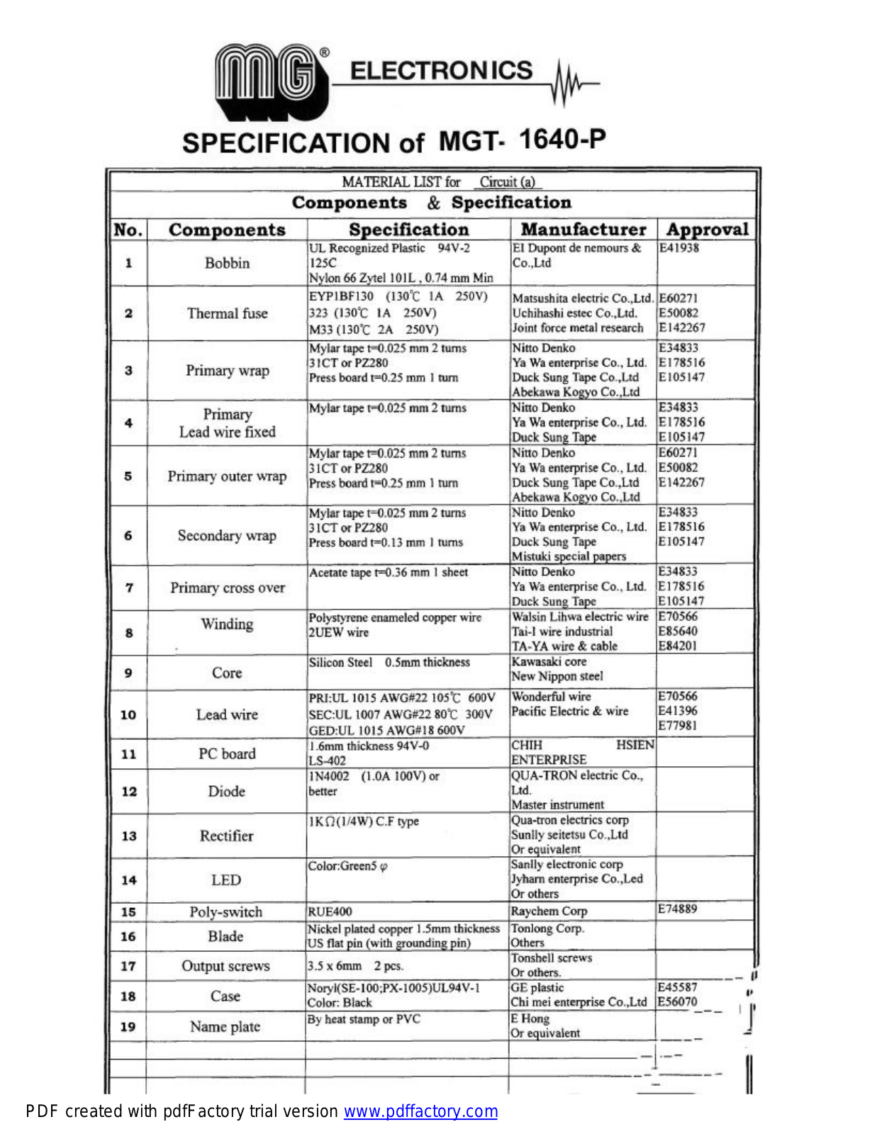 MG Electronics MGT-1640P Specsheet