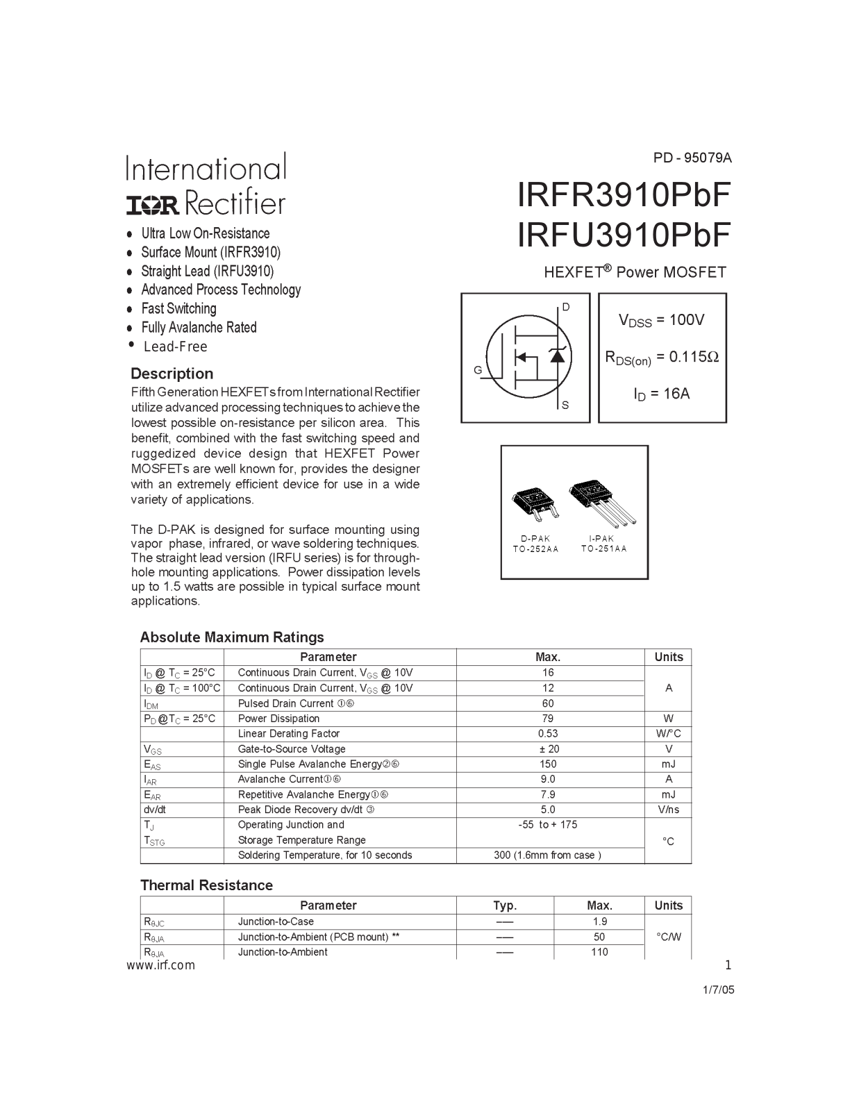 Datasheet IRFR3910PBF Datasheet - ManualMachine.com