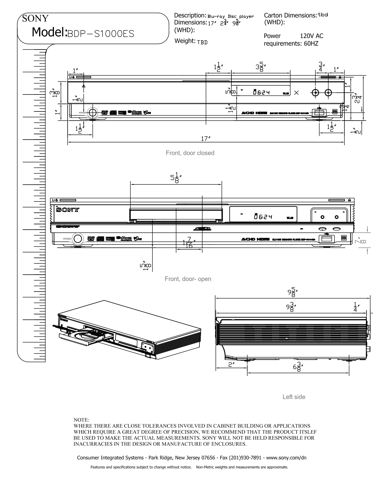 Sony BDP-S1000ES Dimensions Diagram