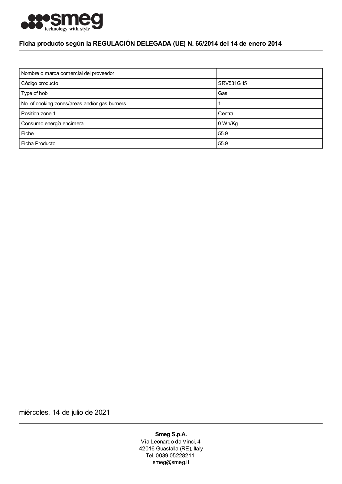 Smeg SRV531GH5 Product Information Sheet