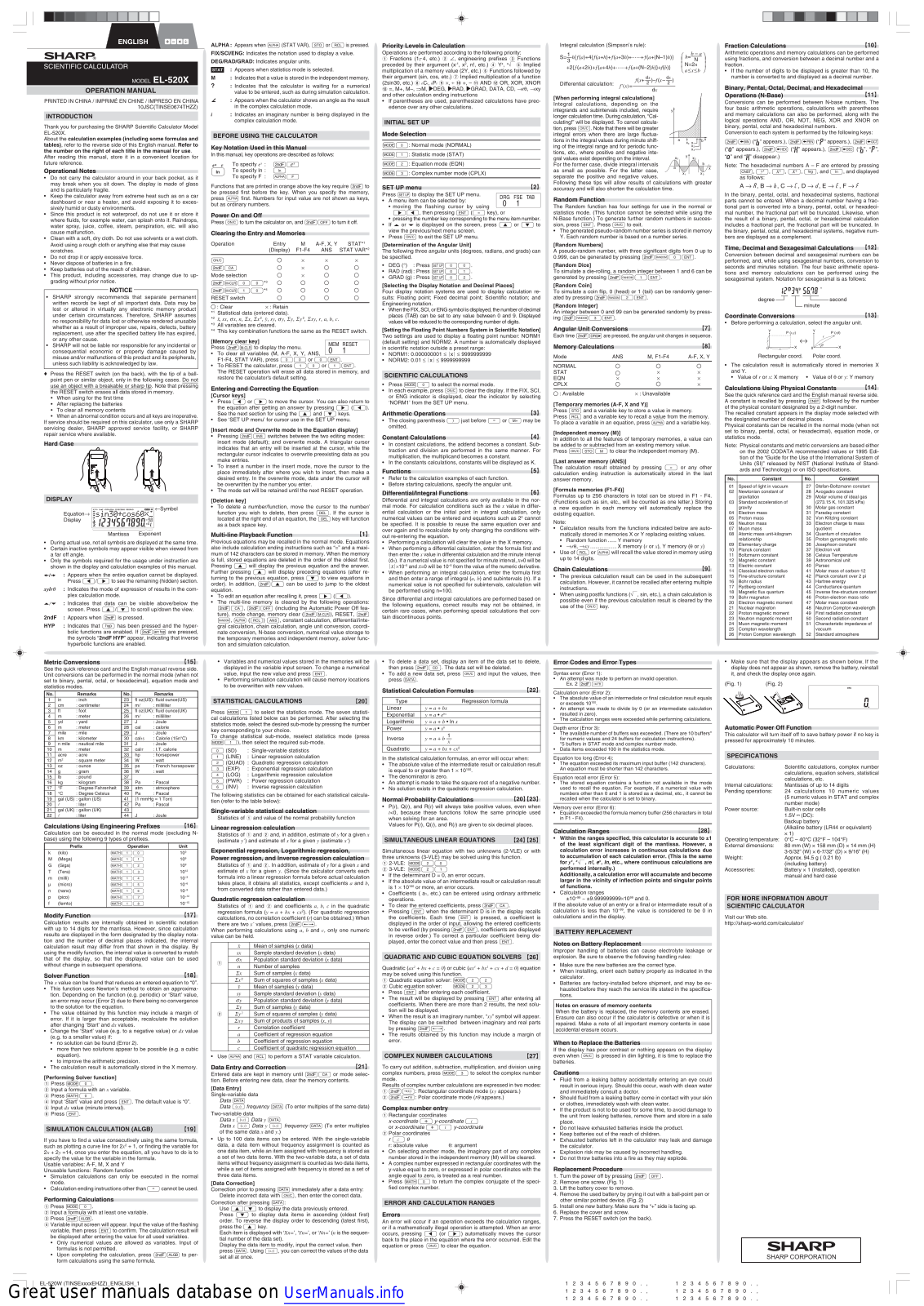 Sharp EL520X, MV User Manual