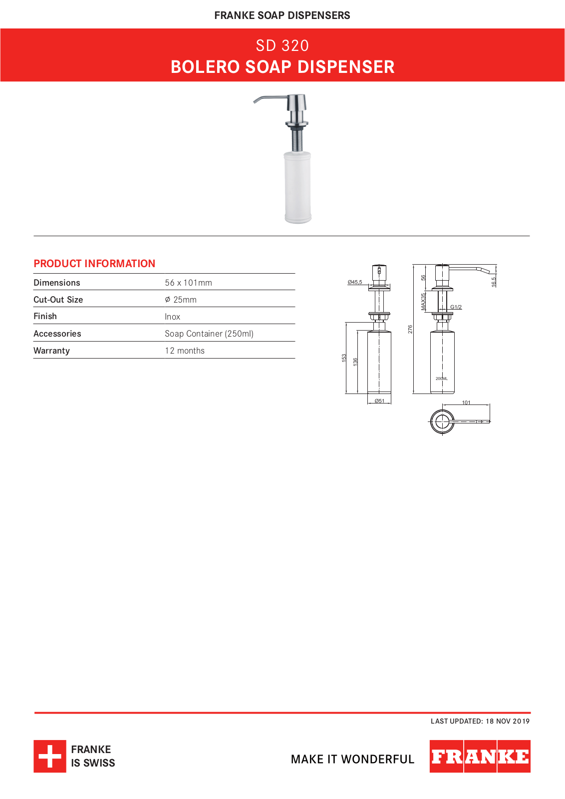 Franke SD320 Specifications Sheet