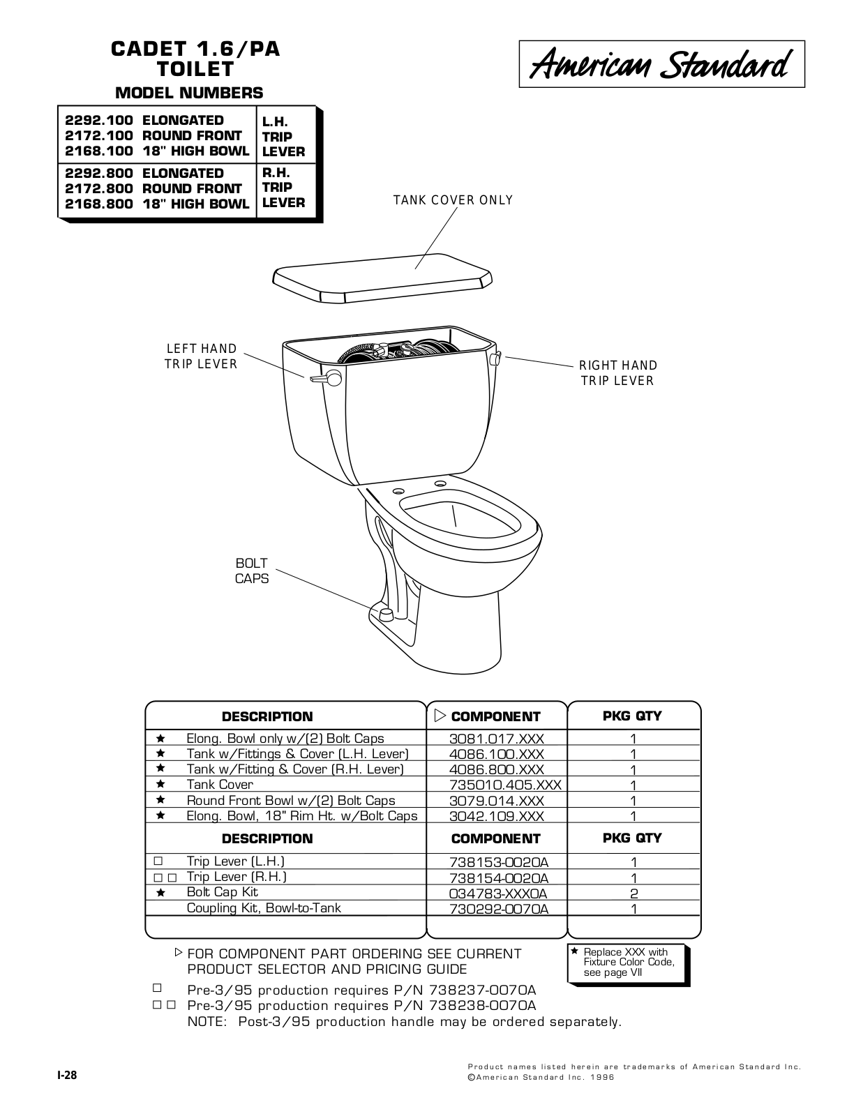 American Standard 738154-0020A, 2168.100, 2292.100, 2172.100, 738153-0020A User Manual