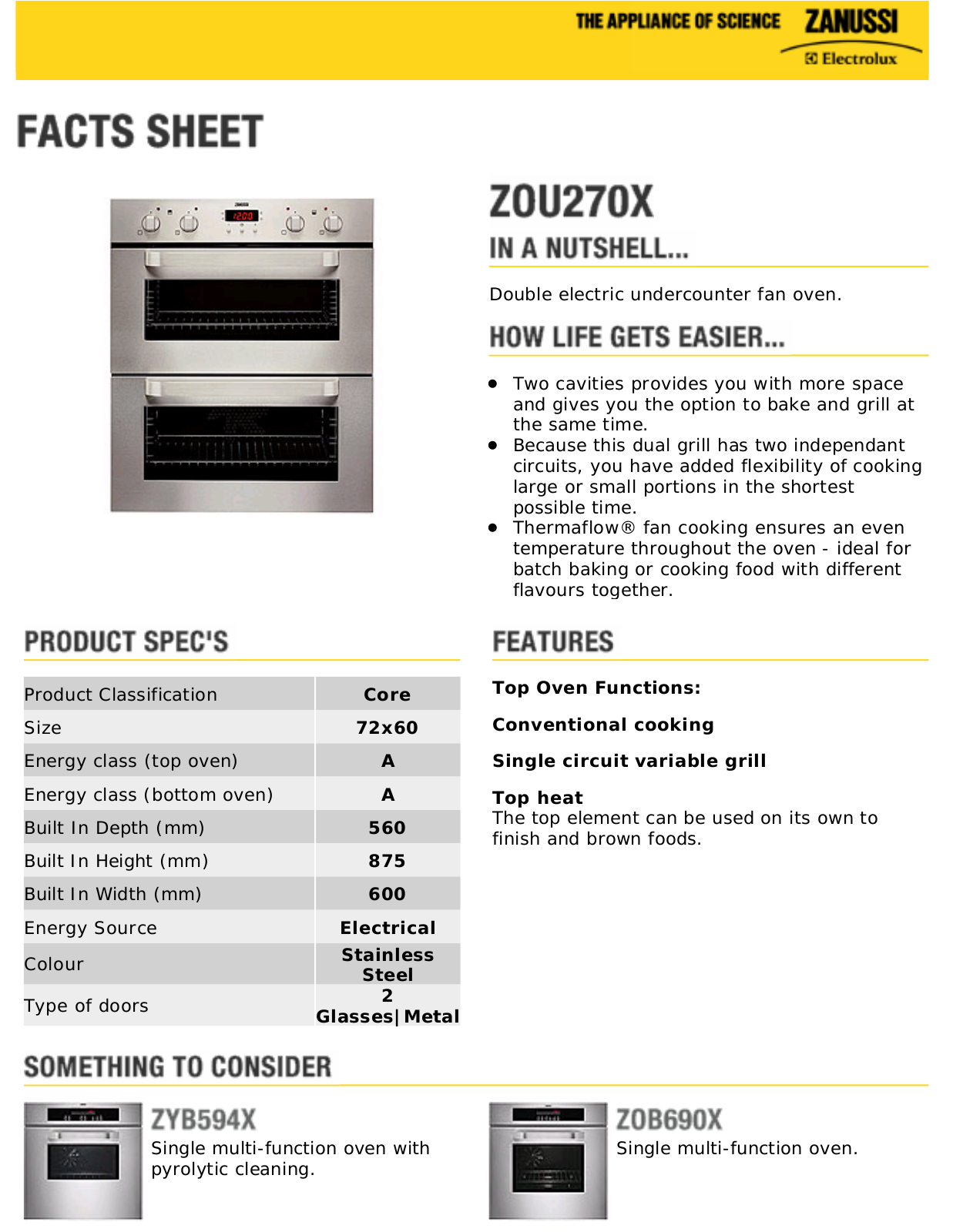 Zanussi ZOU270X facts sheet