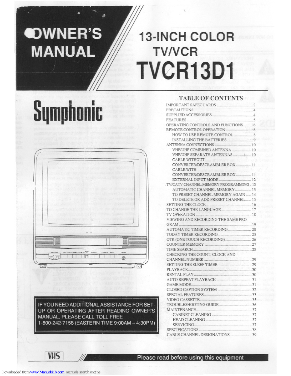 Symphonic TVCR13D1 Owner's Manual