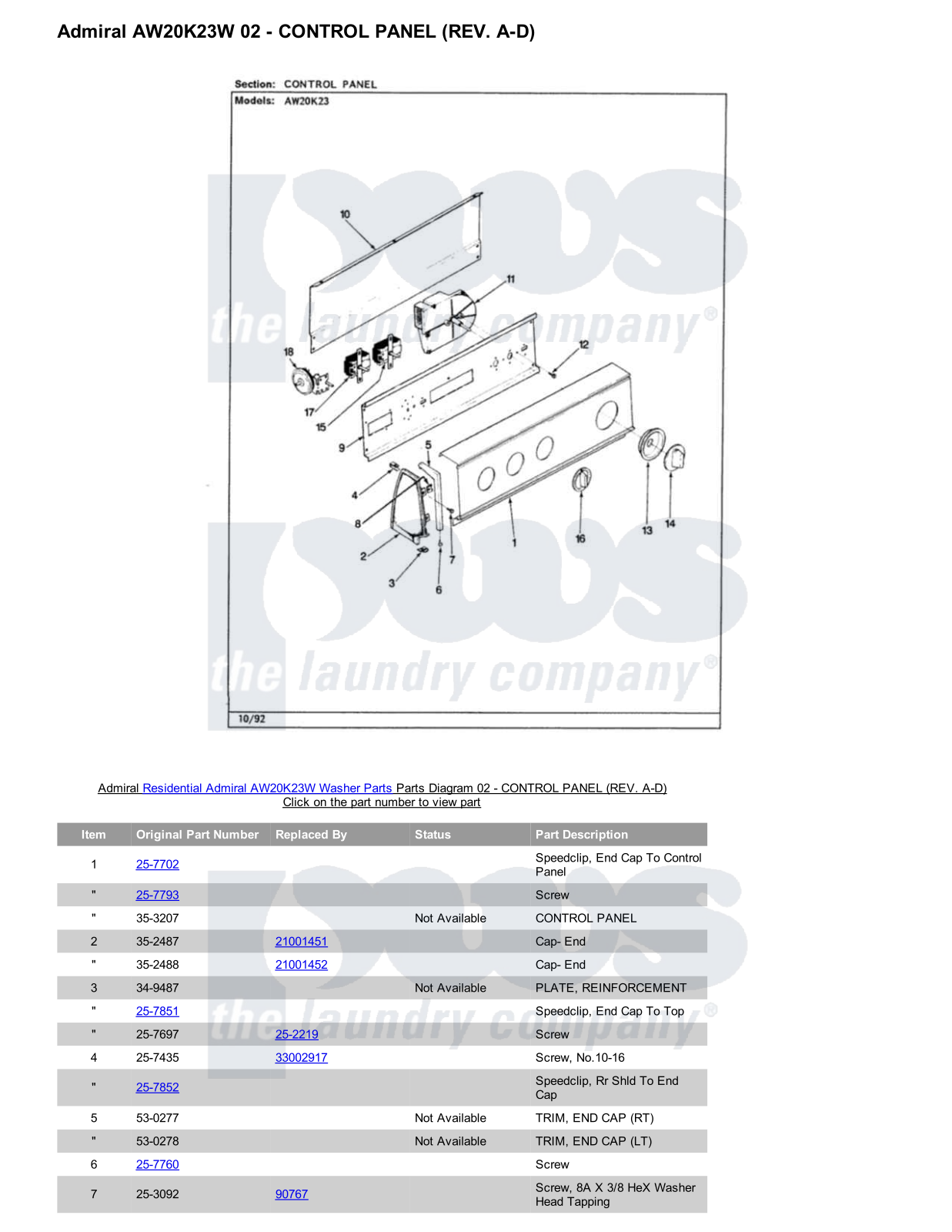 Admiral AW20K23W Parts Diagram