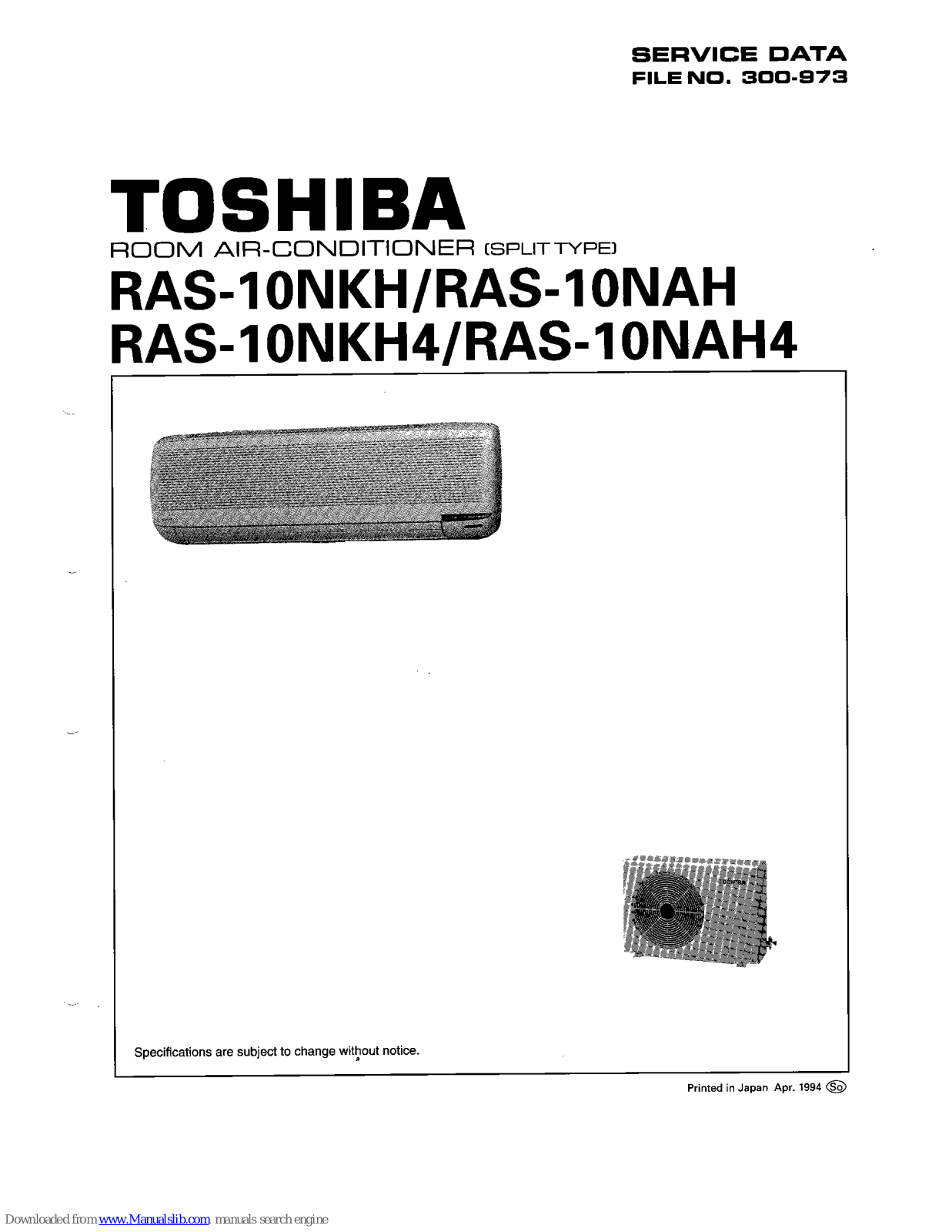 Toshiba RAS-10NKH, RAS-10NAH, RAS-10NKH4, RAS-10NAH4 Service Data