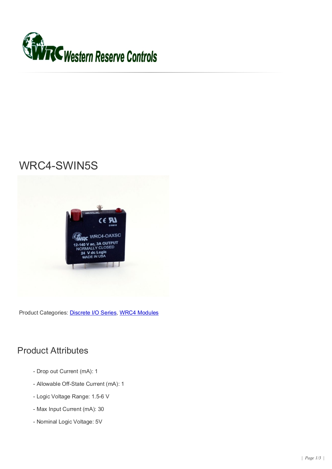 Western Reserve Controls WRC4-SWIN5S Data Sheet