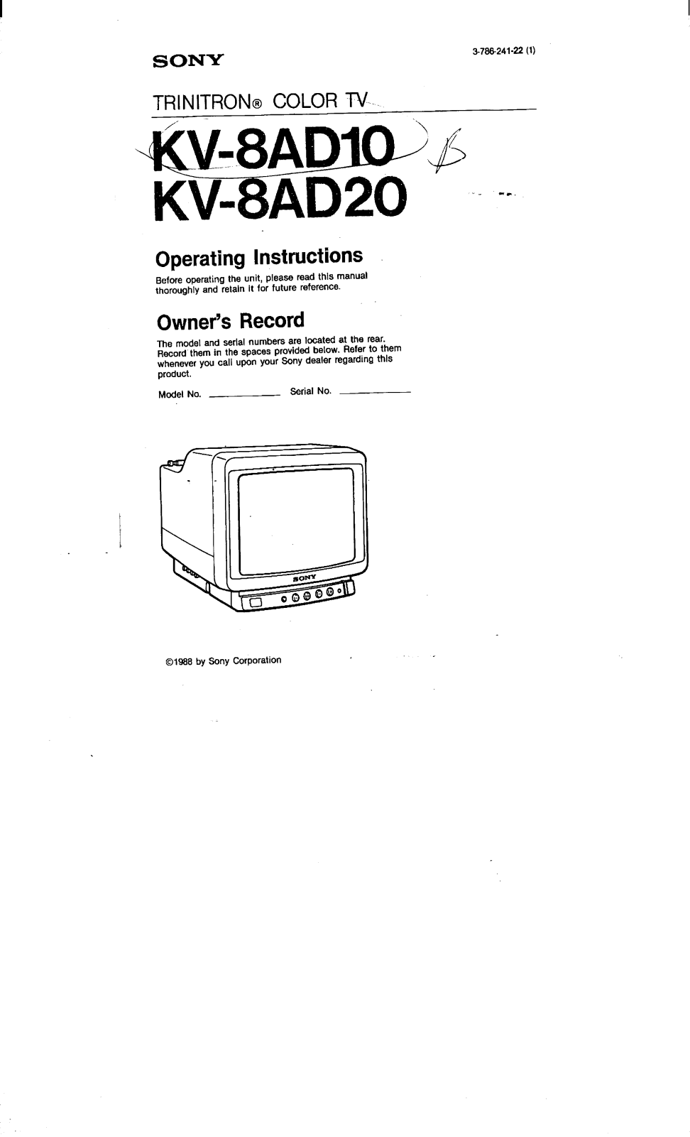 Sony KV-8AD10, KV-8AD20 Operating Instructions