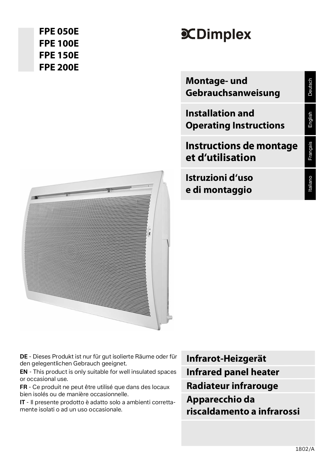 Dimplex FPE 050E, FPE 100E, FPE 150E, FPE 200E Installation And Operating Instructions Manual