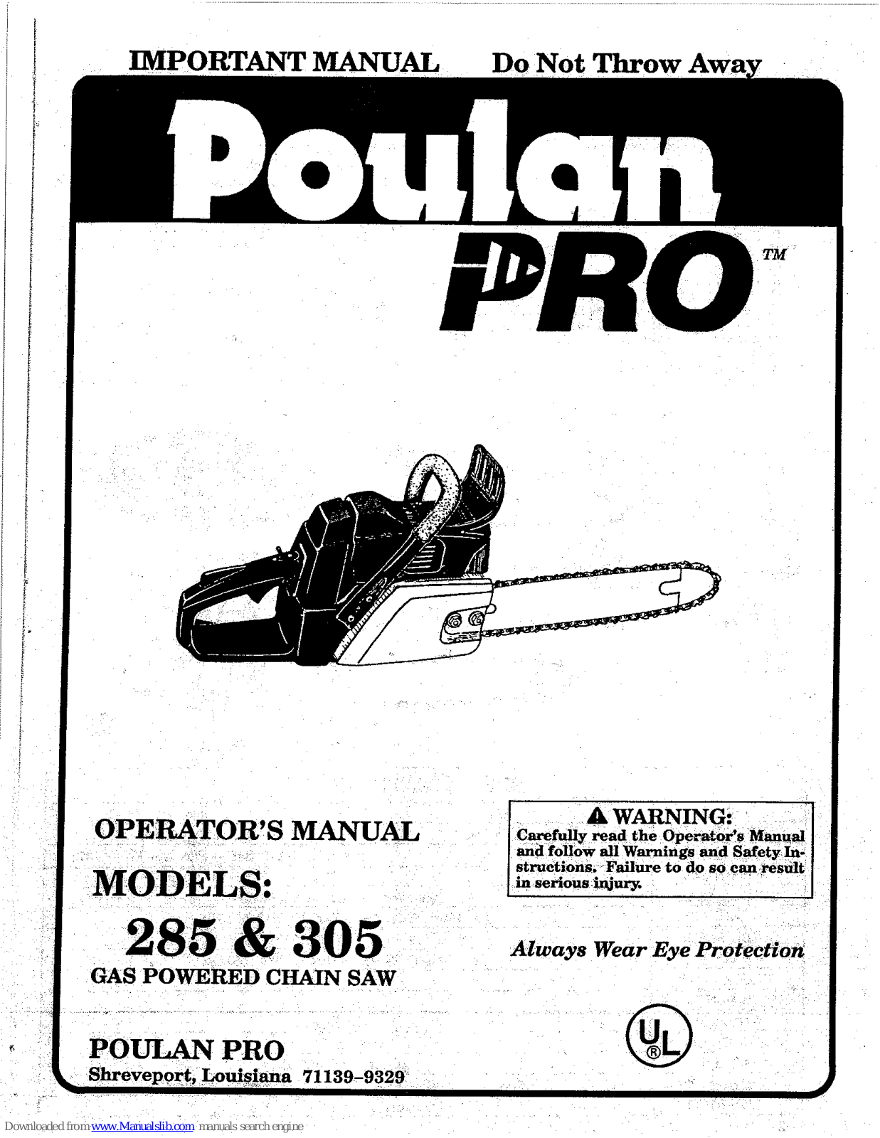 Poulan Pro 305, 1992-06, 285 User Manual