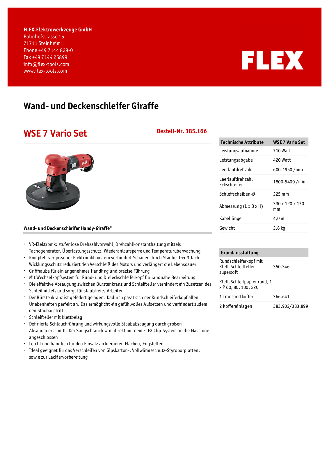 Flex WSE 7 Vario set Technical data