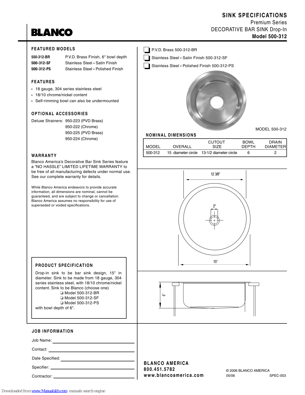 Blanco 500-312-BR, 500-312-SF, 500-312-PS Specification Sheet - ManualMachine.com