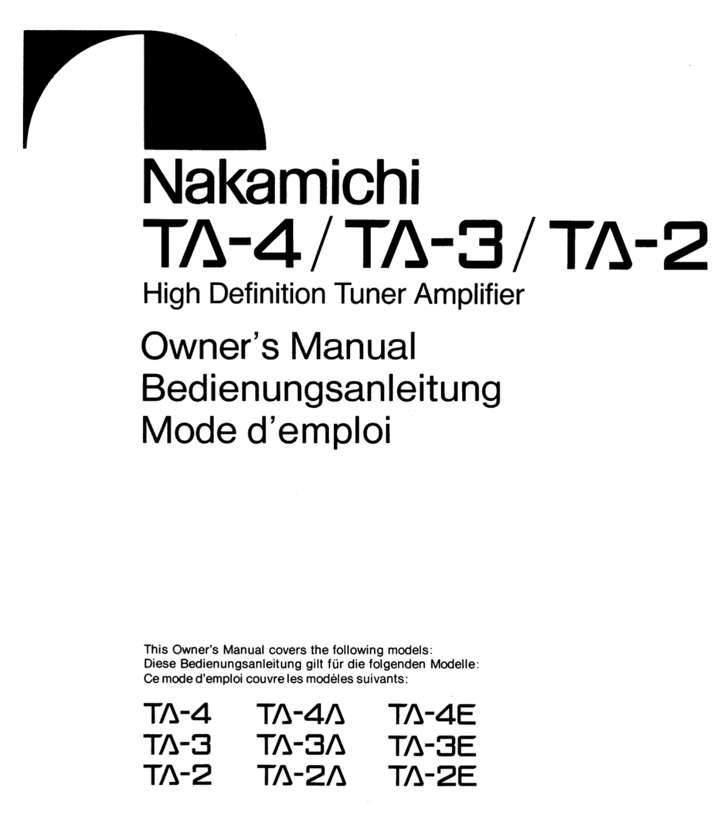 Nakamichi TA-2, TA-3, TA-4 Owners manual